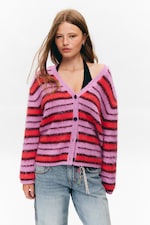 Pink & Red Stripe - Fluffy knit cardigan - 1
