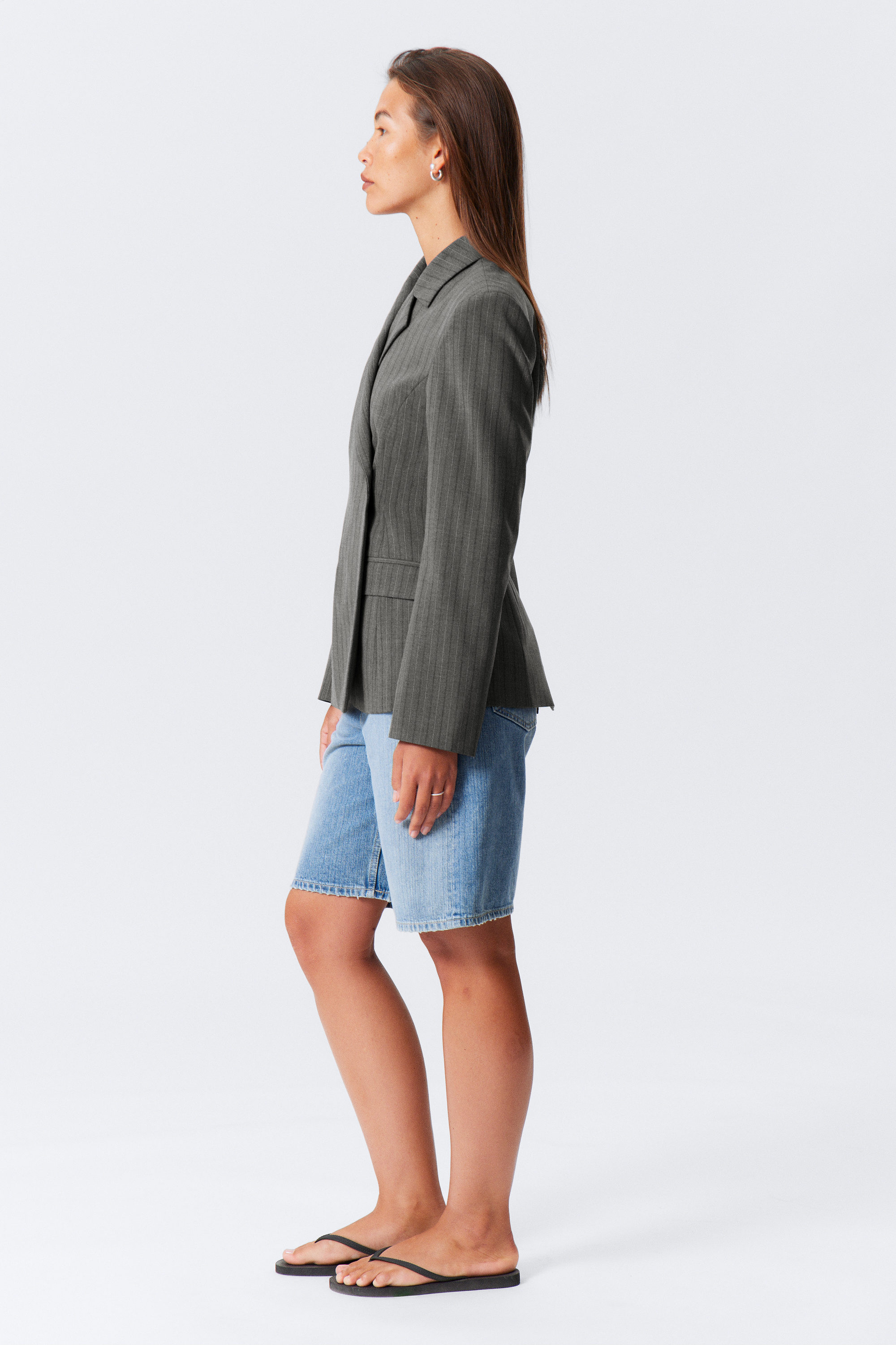 Striped Dark Grey Melange - Double-Breasted Suiting Blazer - 3