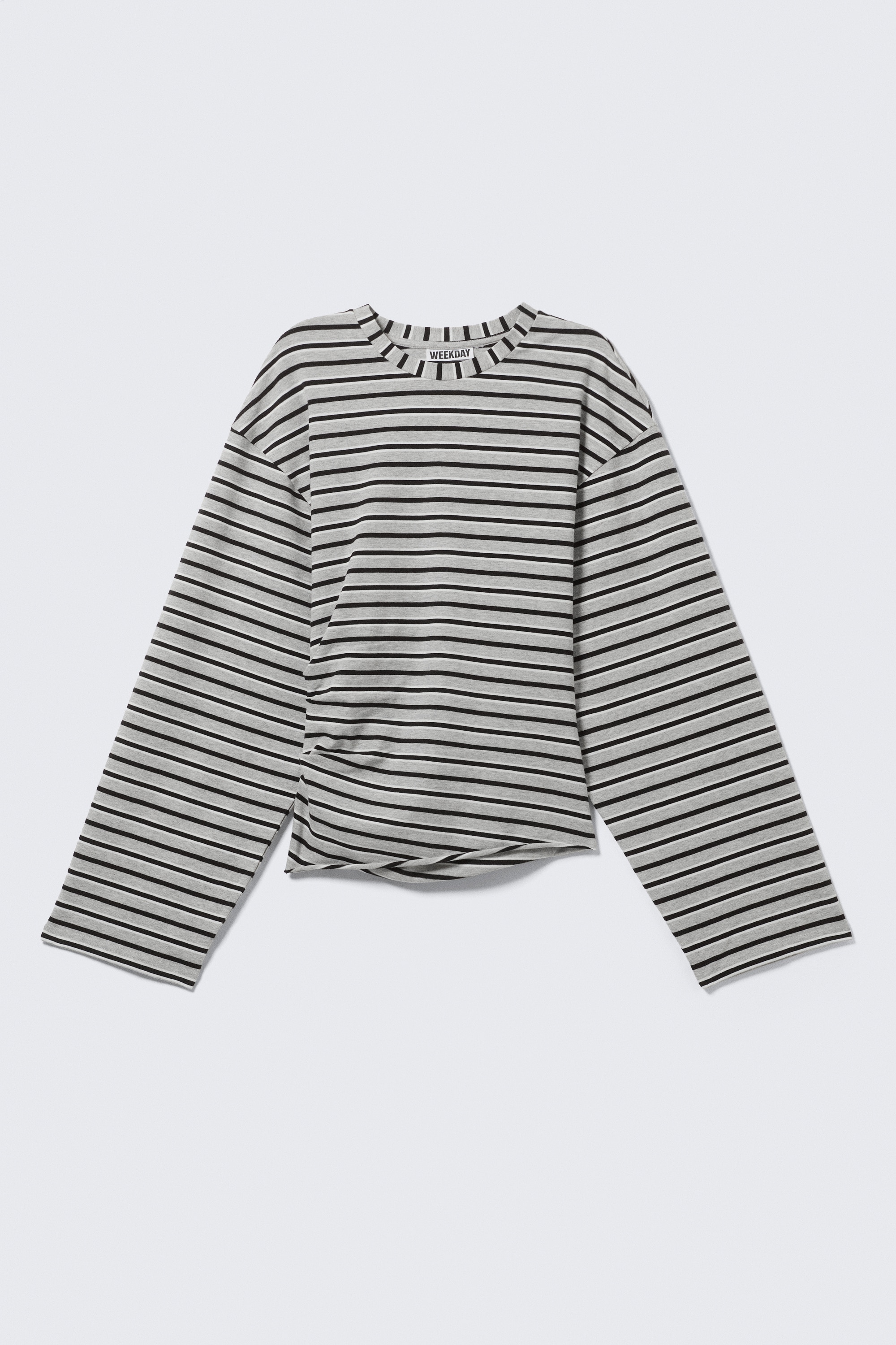 Ruched Long-Sleeved T-shirt - Striped Grey Melange/White