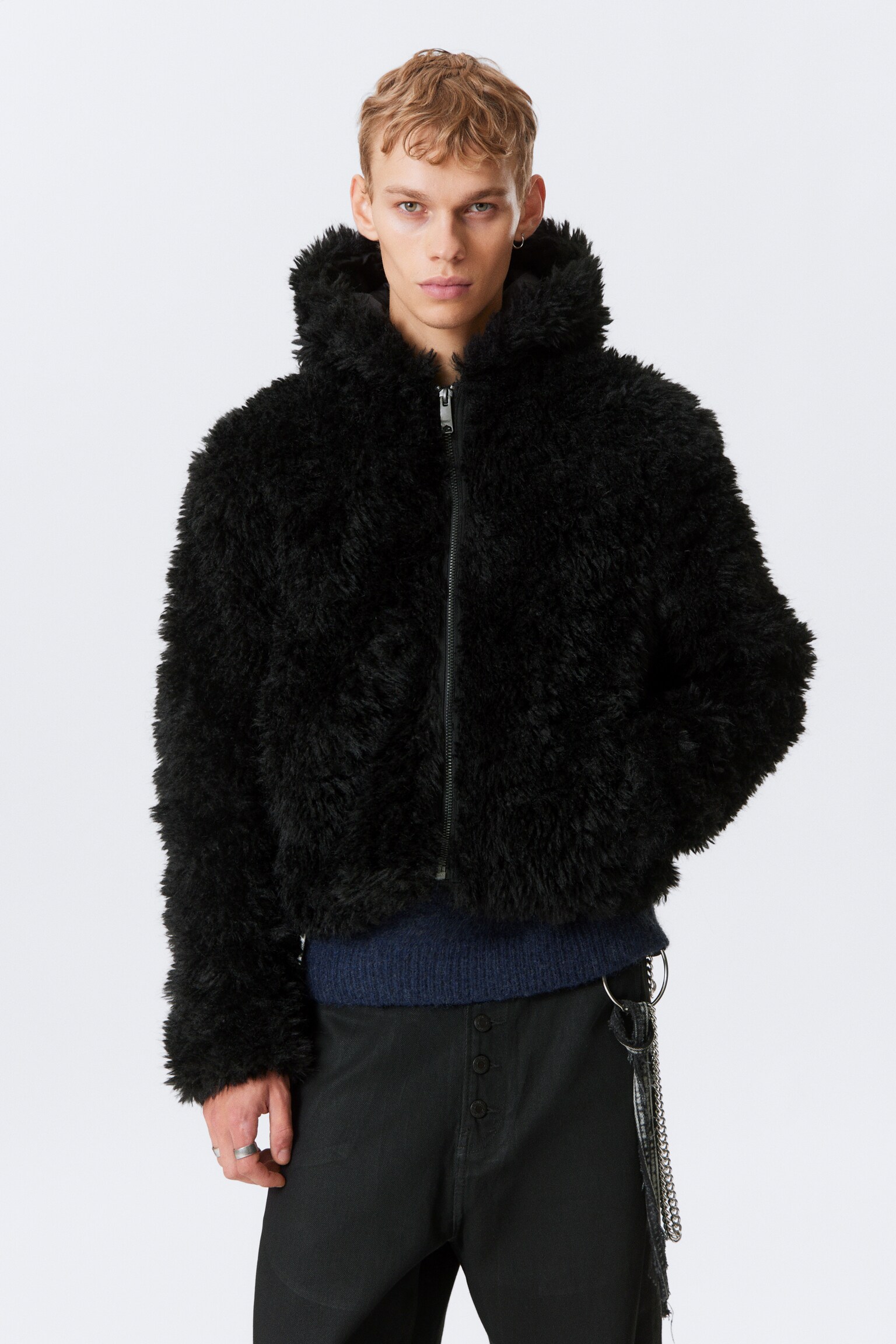 Shrunken Faux Fur Hooded Jacket - Black - 8