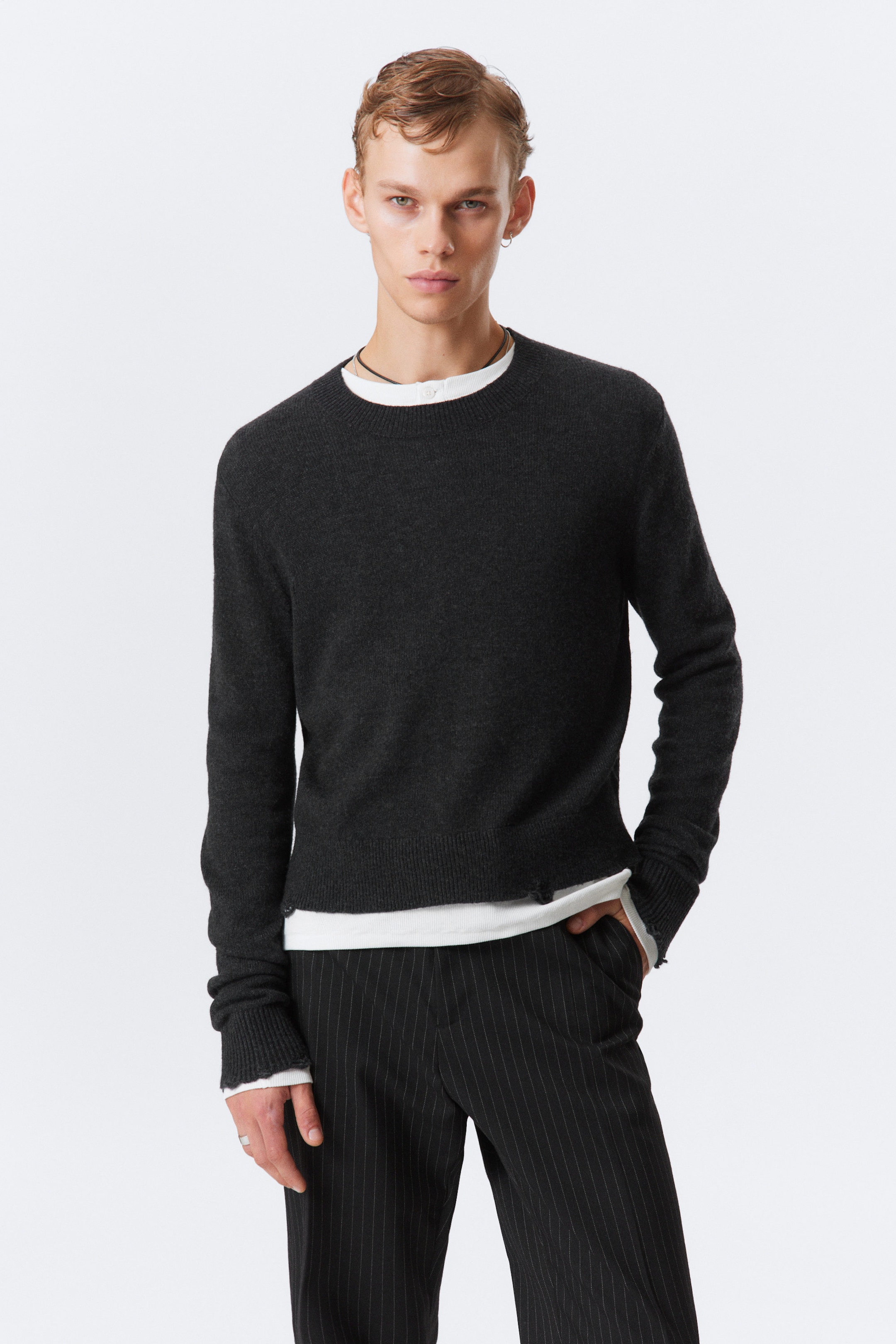 Black - Shrunken Distressed Wool Blend Sweater - 1