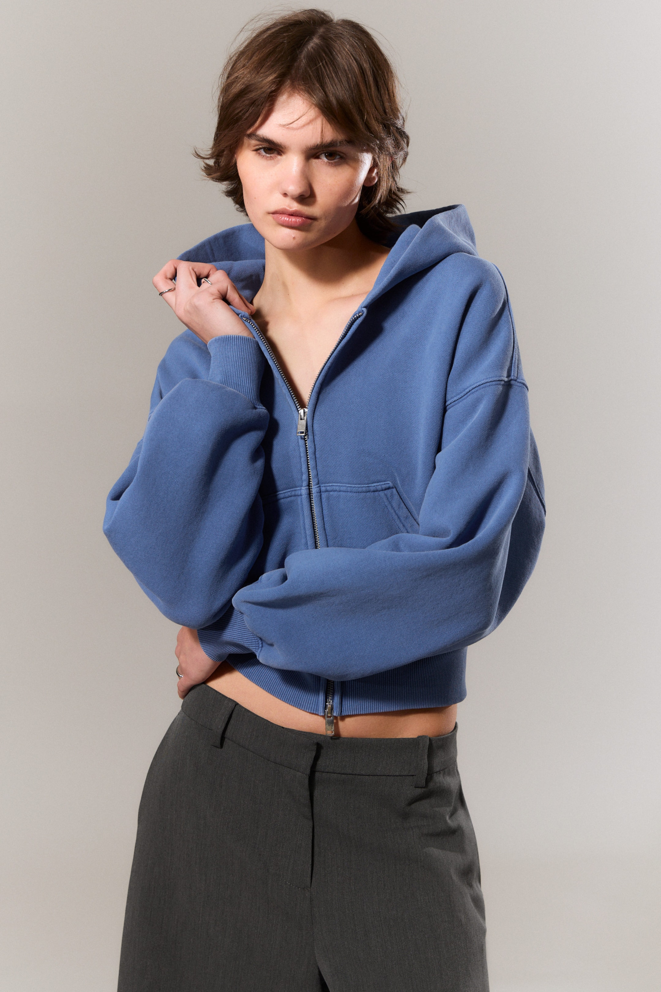 Washed Blue - Cropped Boxy Zip Hoodie - 1