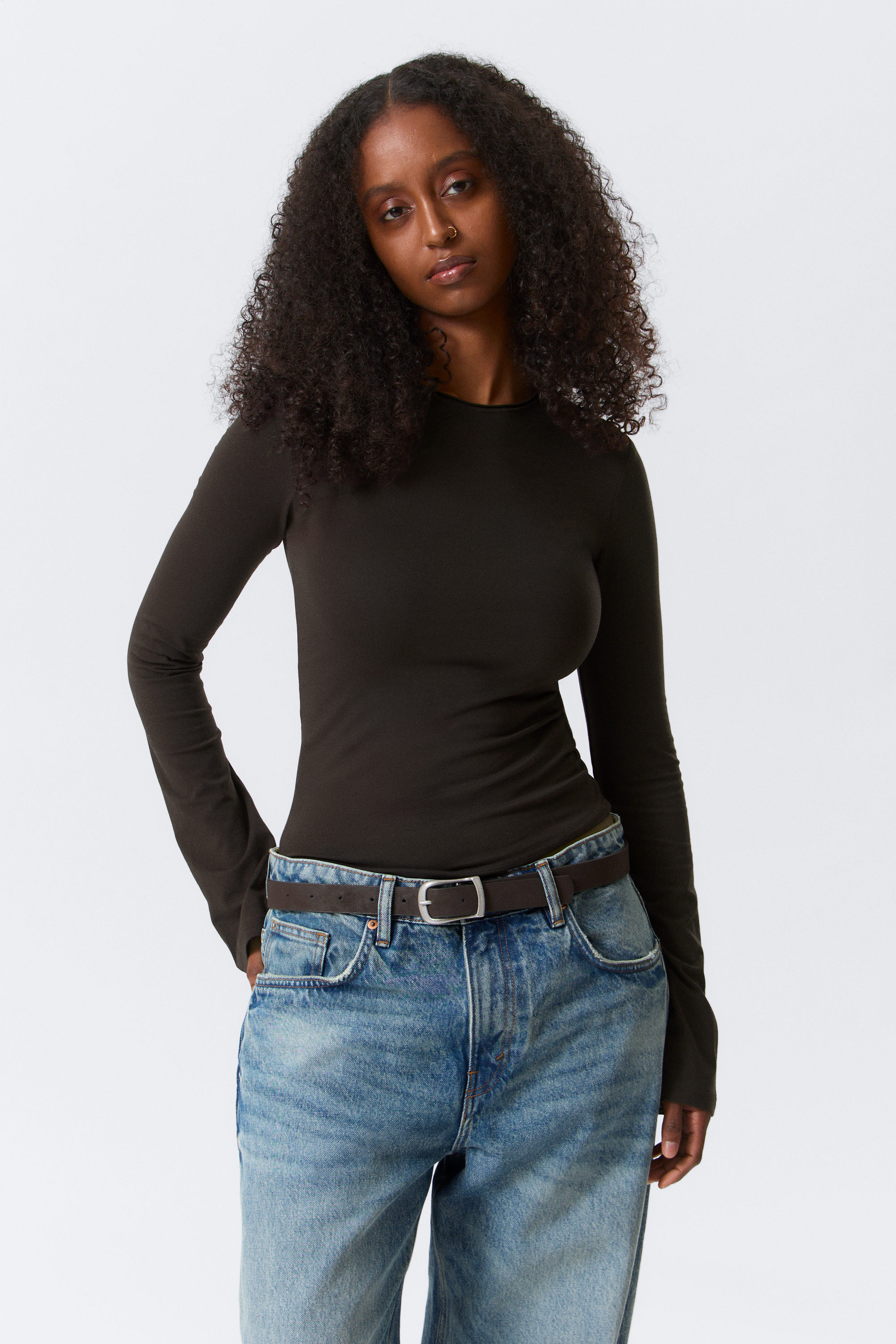 Dark Brown - Long Sleeve Cotton Top - 3