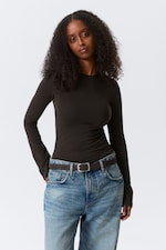 Dark Brown - Long Sleeve Cotton Top - 1