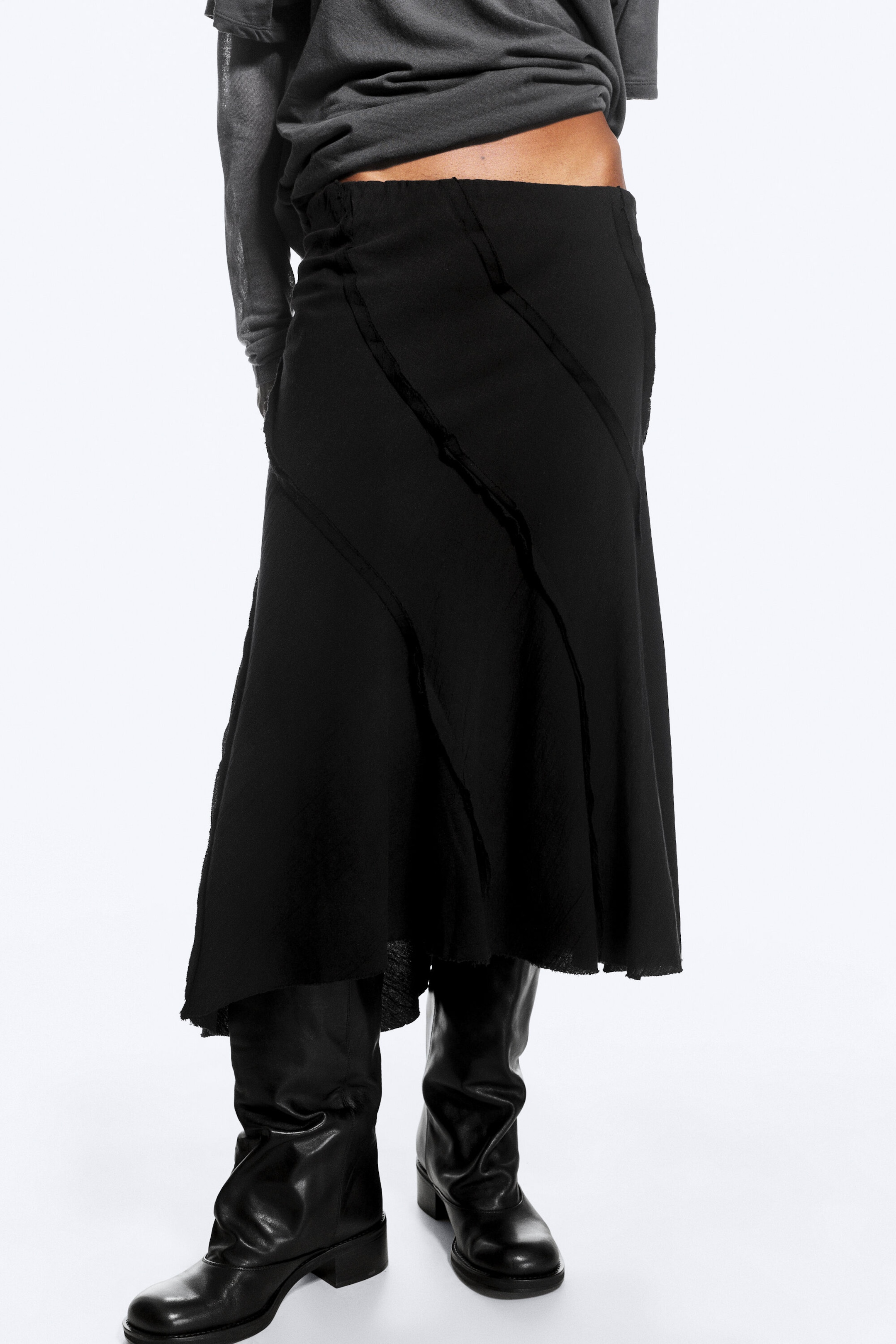 Noir - Jupe midi taille mi-haute à coutures incurvées - 2