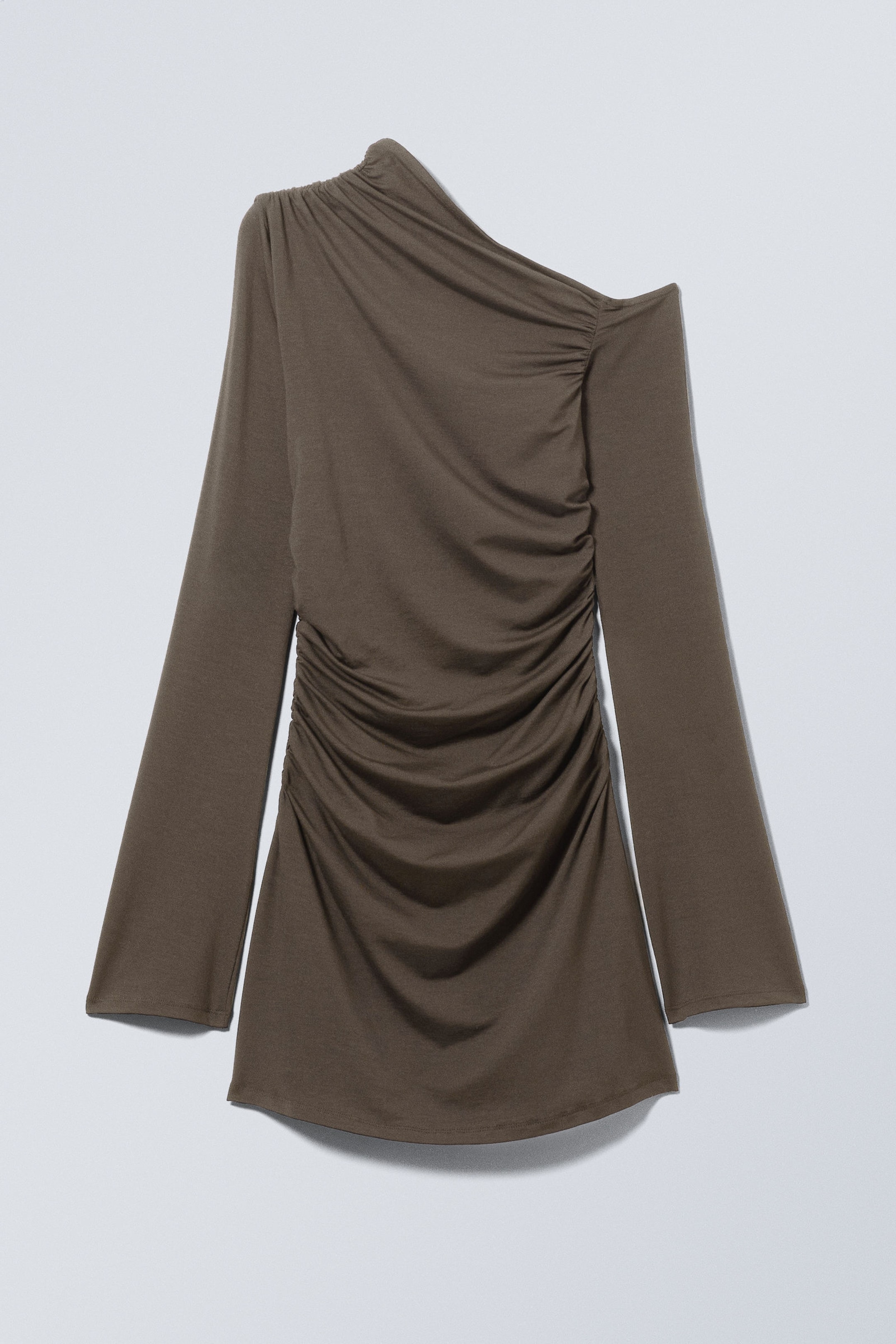 Dark Brown - Gathered Mini Long Sleeve Dress - 3