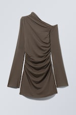 Dark Brown - Gathered Mini Long Sleeve Dress - 0