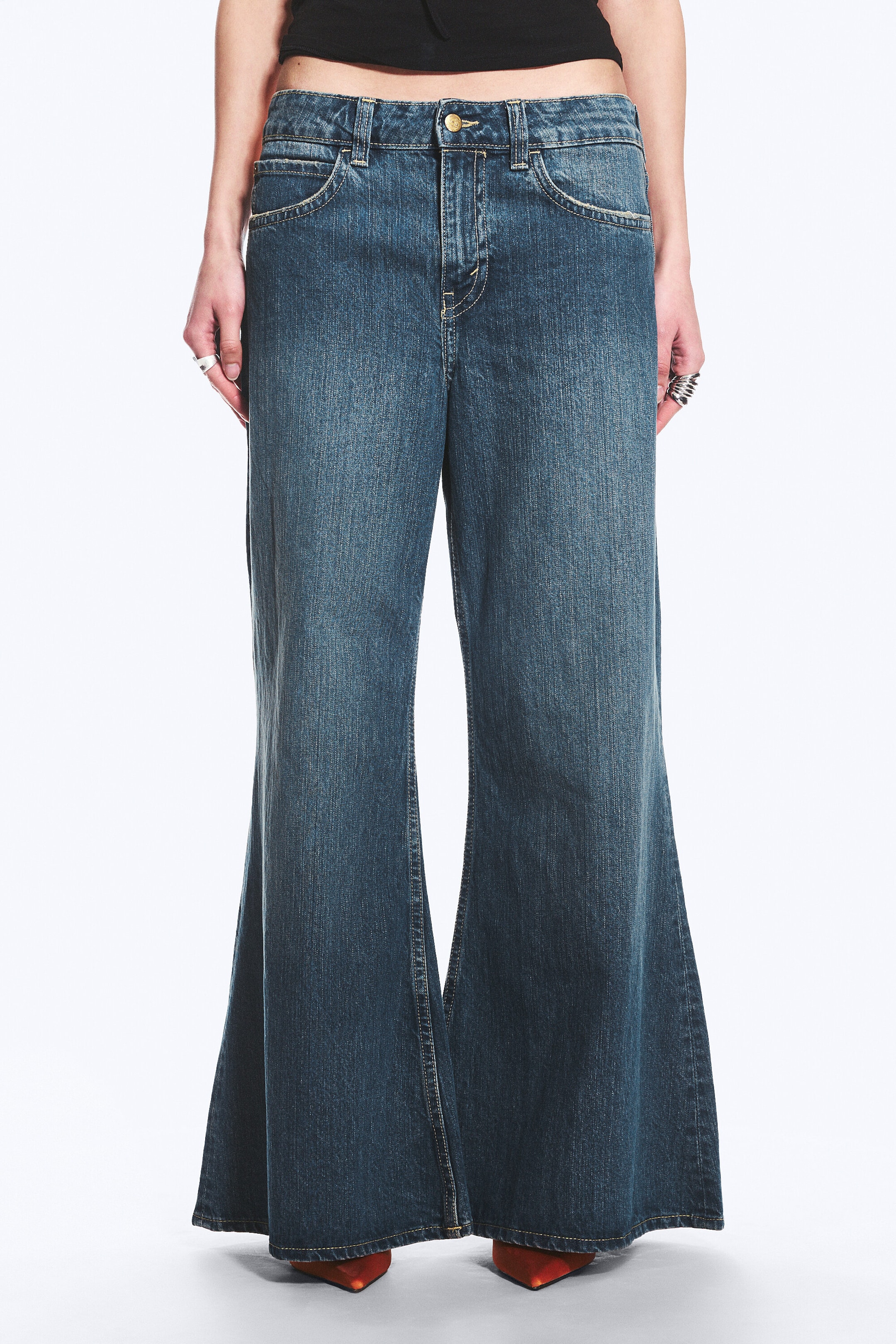 Tide Blue - Medium Blue - Loosy Lucie Low Rise Regular Flared Leg Jeans - 1