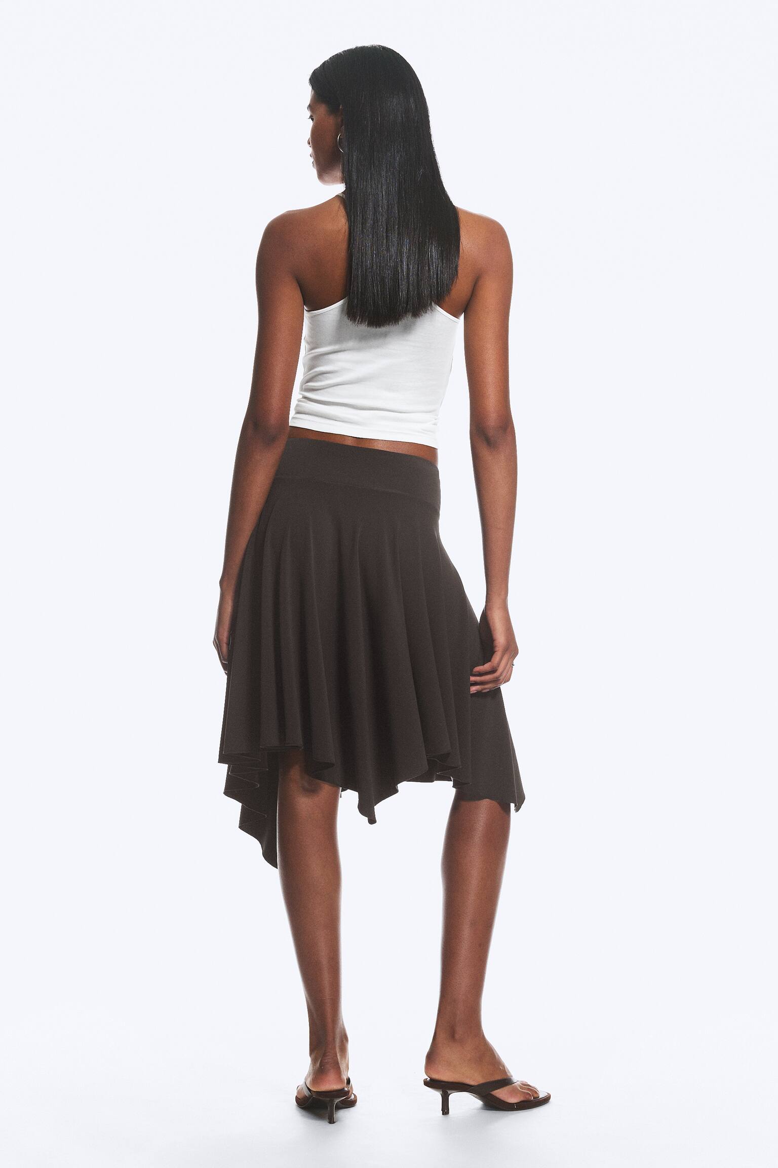 Mid waist asymmetrisk kjol i jersey-Mörkbrun - 6