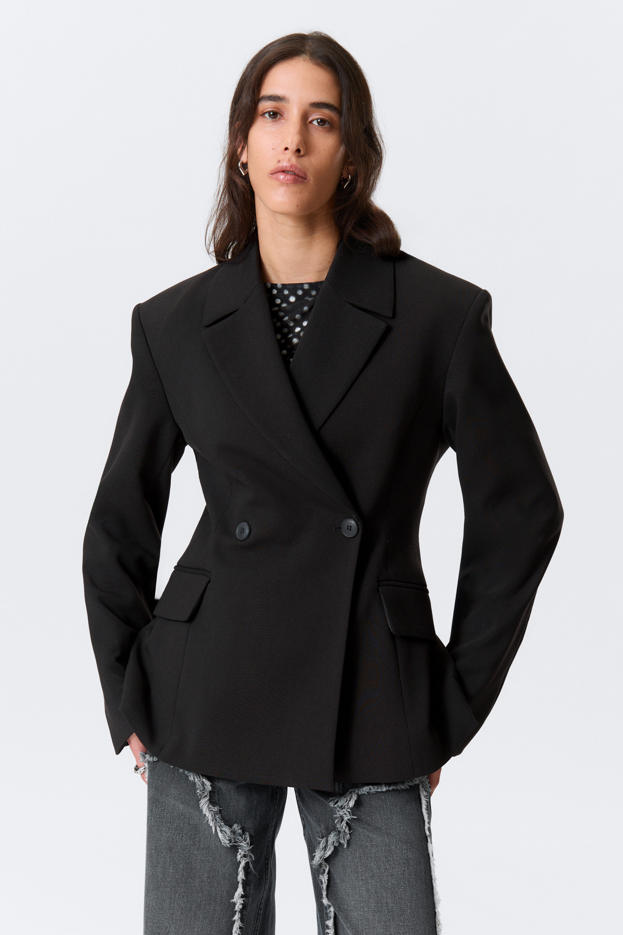 Schwarz - Taillierter Zweireiher-Blazer - 4