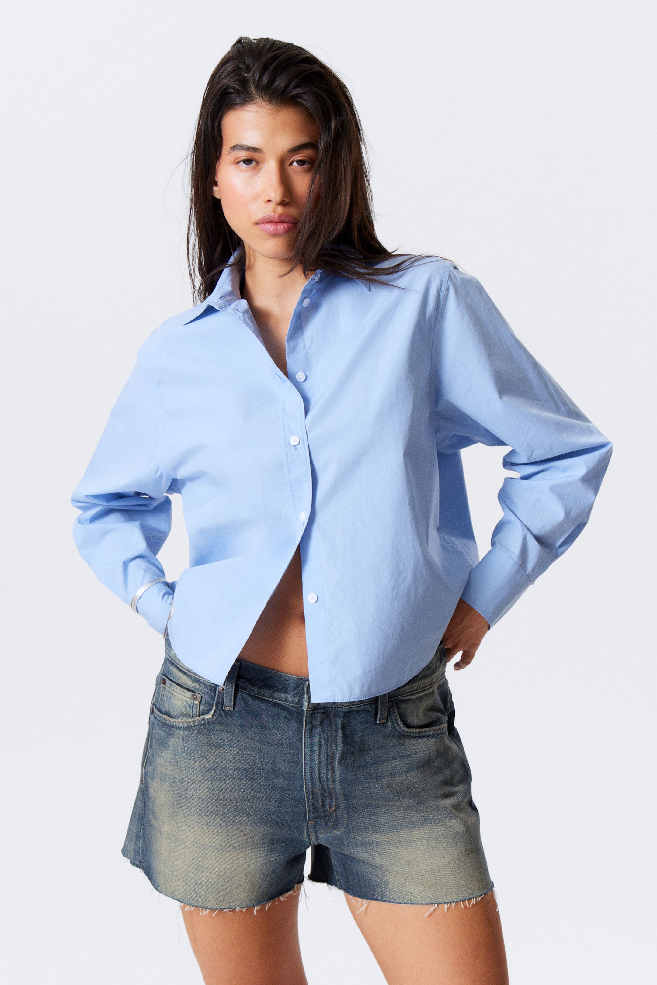 Light Blue - Relaxed Cropped Long-Sleeved Cotton Shirt - 1