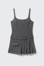 Dark Grey - Belted Pleated Mini Dress - 5