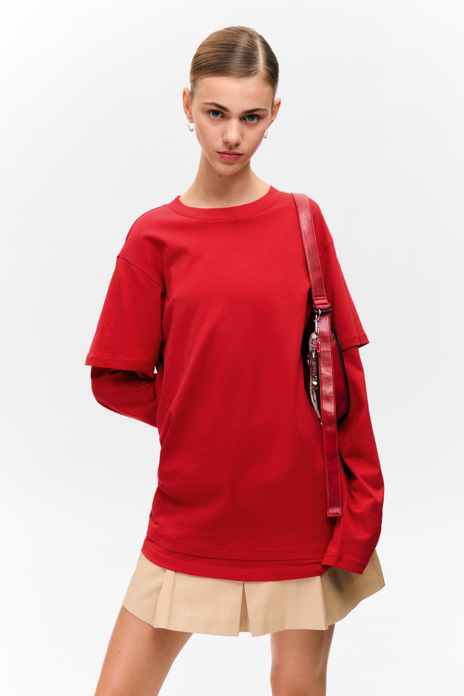 Layered Long-Sleeved Cotton T-shirt - Bright Red - 1