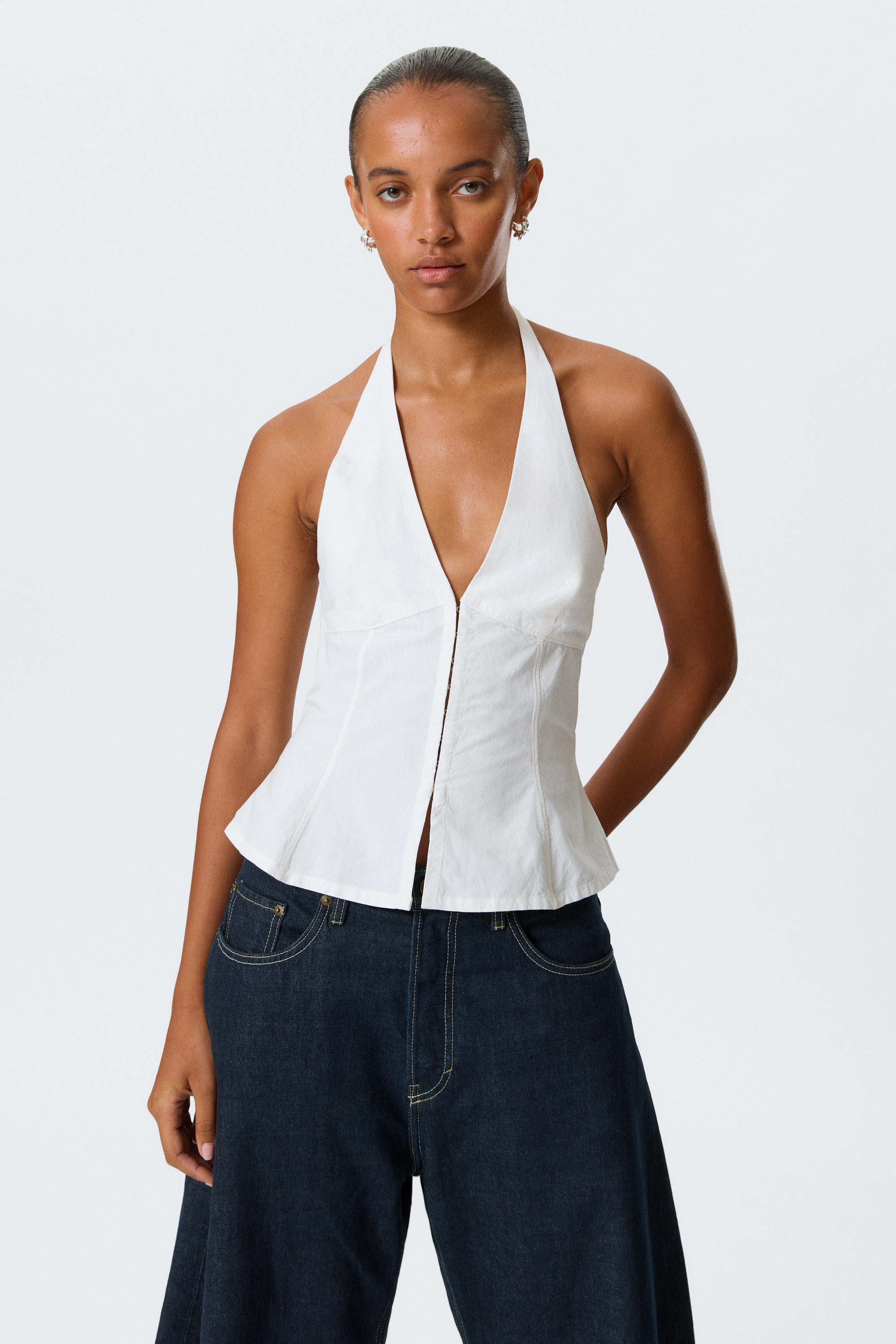 White - Tie-Back Hook-and-Eye Halterneck Top - 1