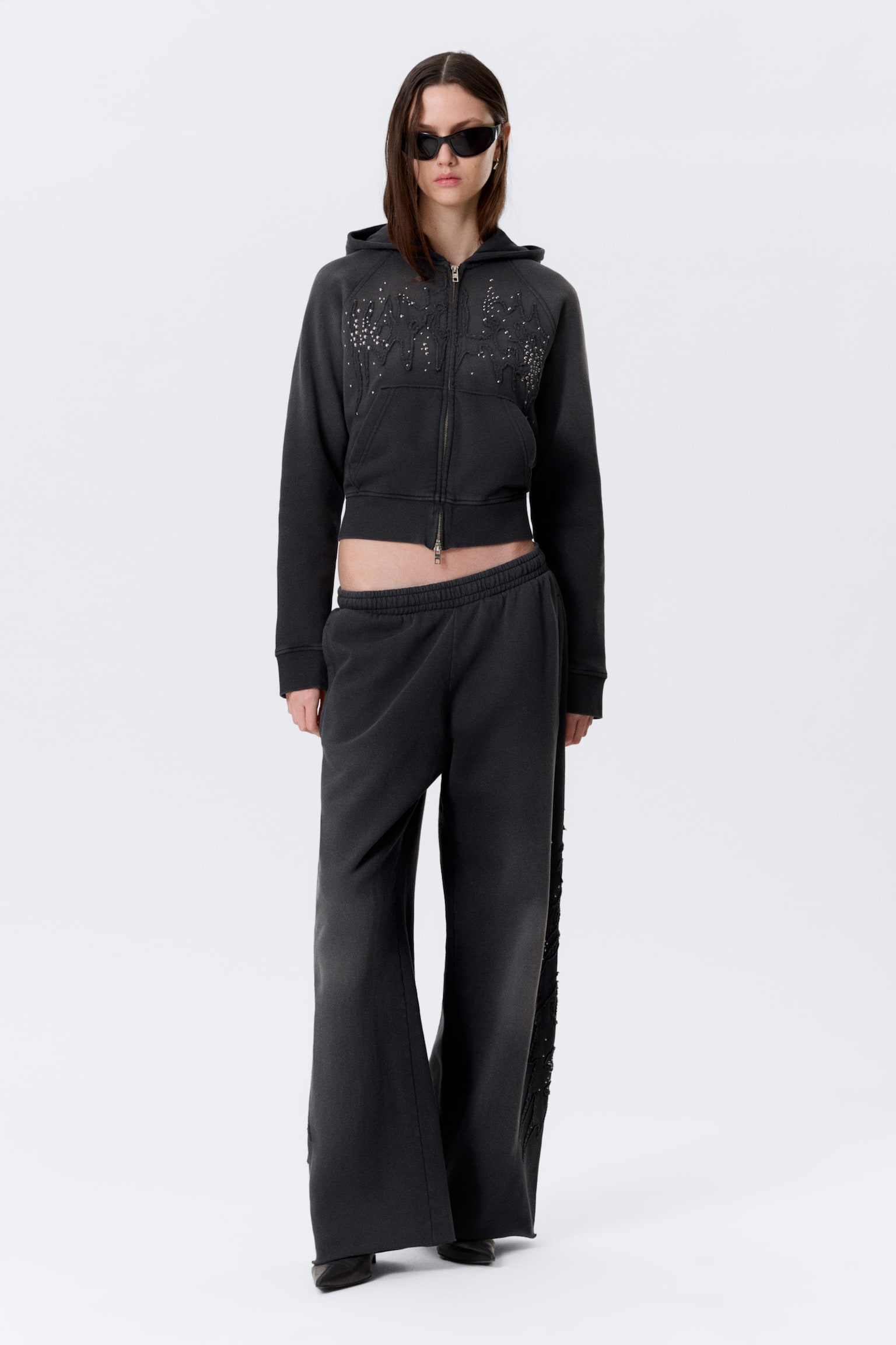 Slim hoodie met rits en studs en grafische print - Gewassen zwart met studs - 4