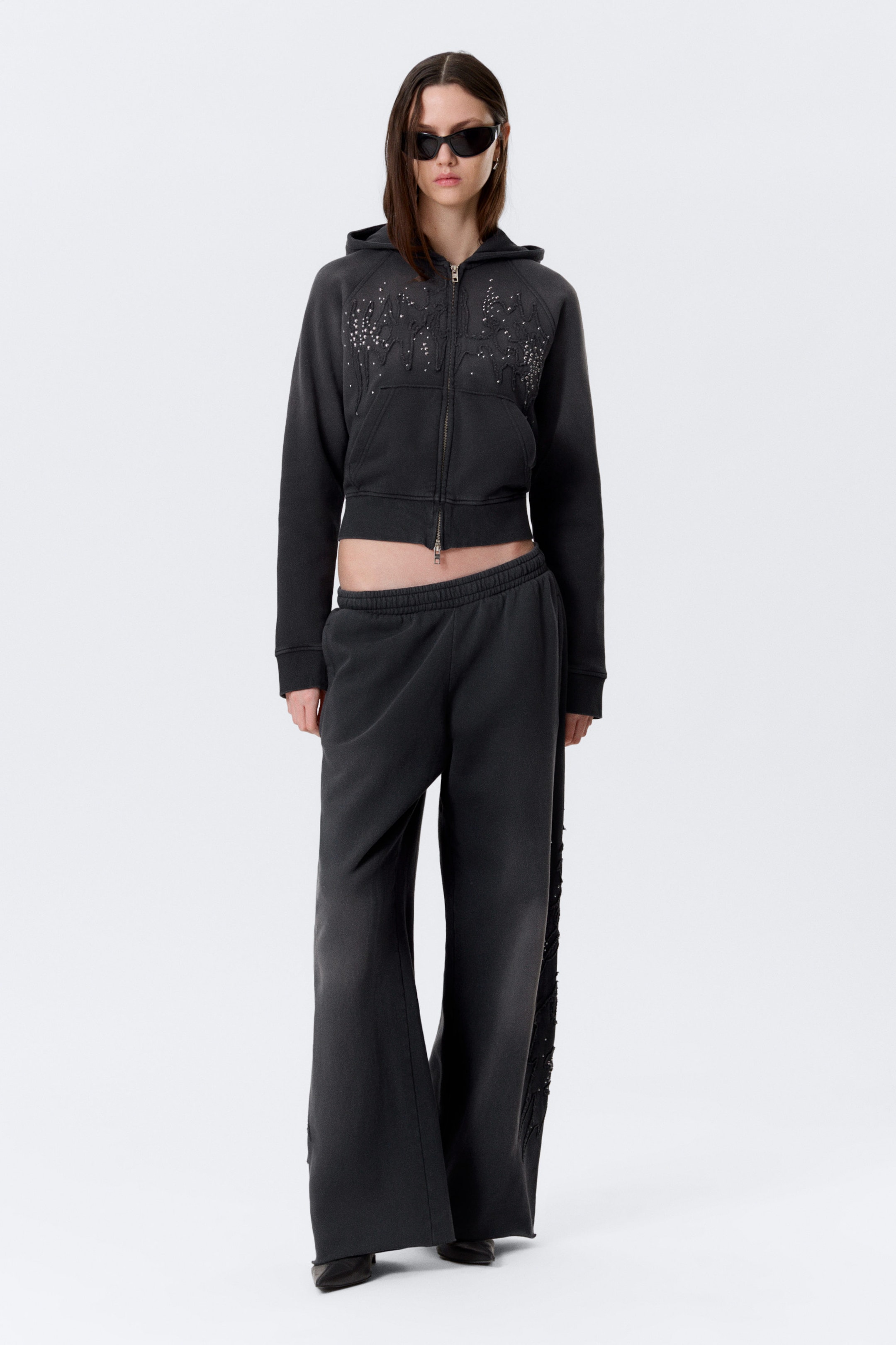 Washed Studded Black - Slim Studded Graphic Zip Hoodie - 2