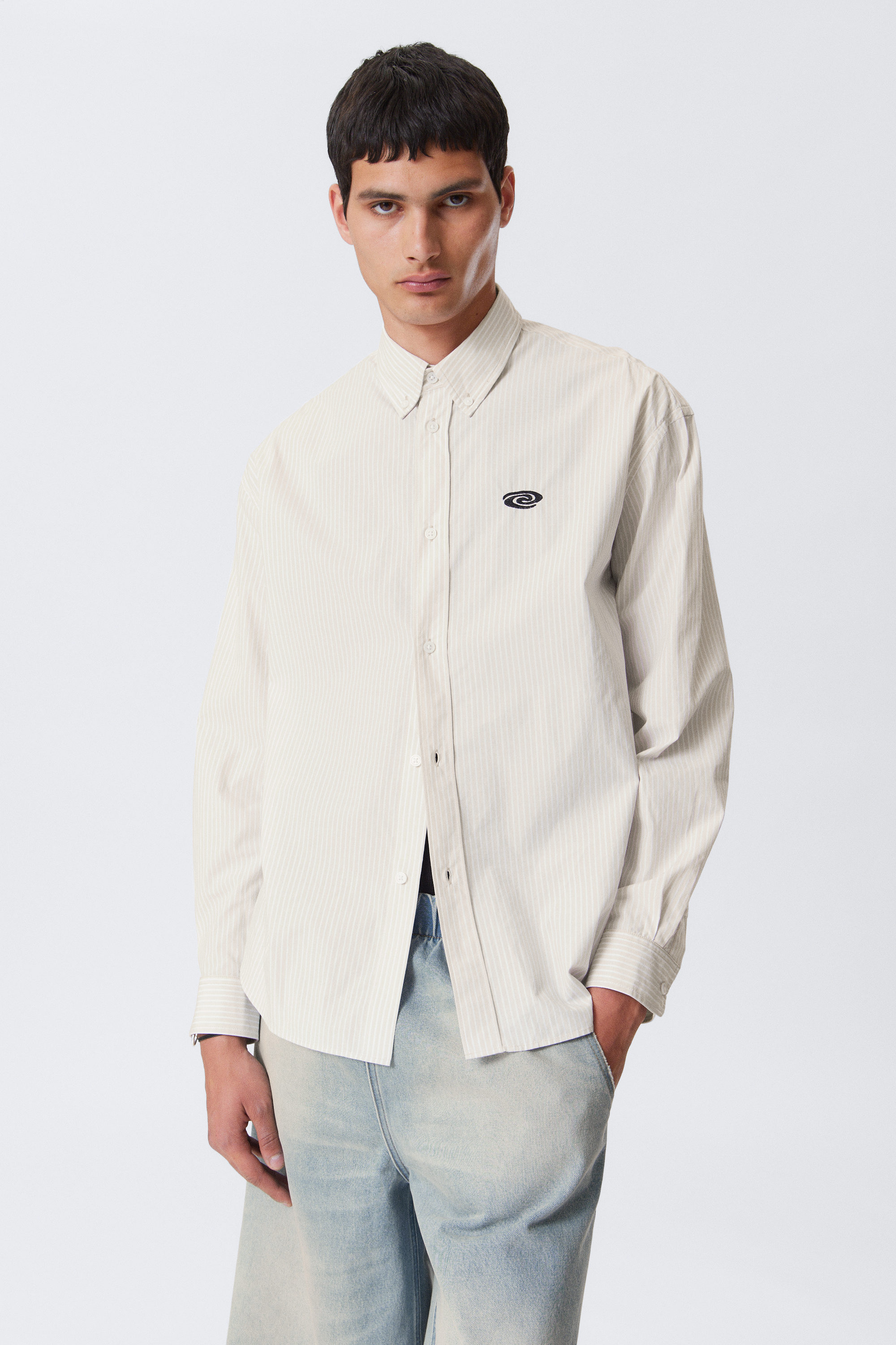 Embroidered Striped Beige - Oversized Striped Button-Down Poplin Shirt - 1