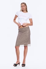 Khaki/Burgundy - Floral - Layered Mesh Midi Skirt - 2