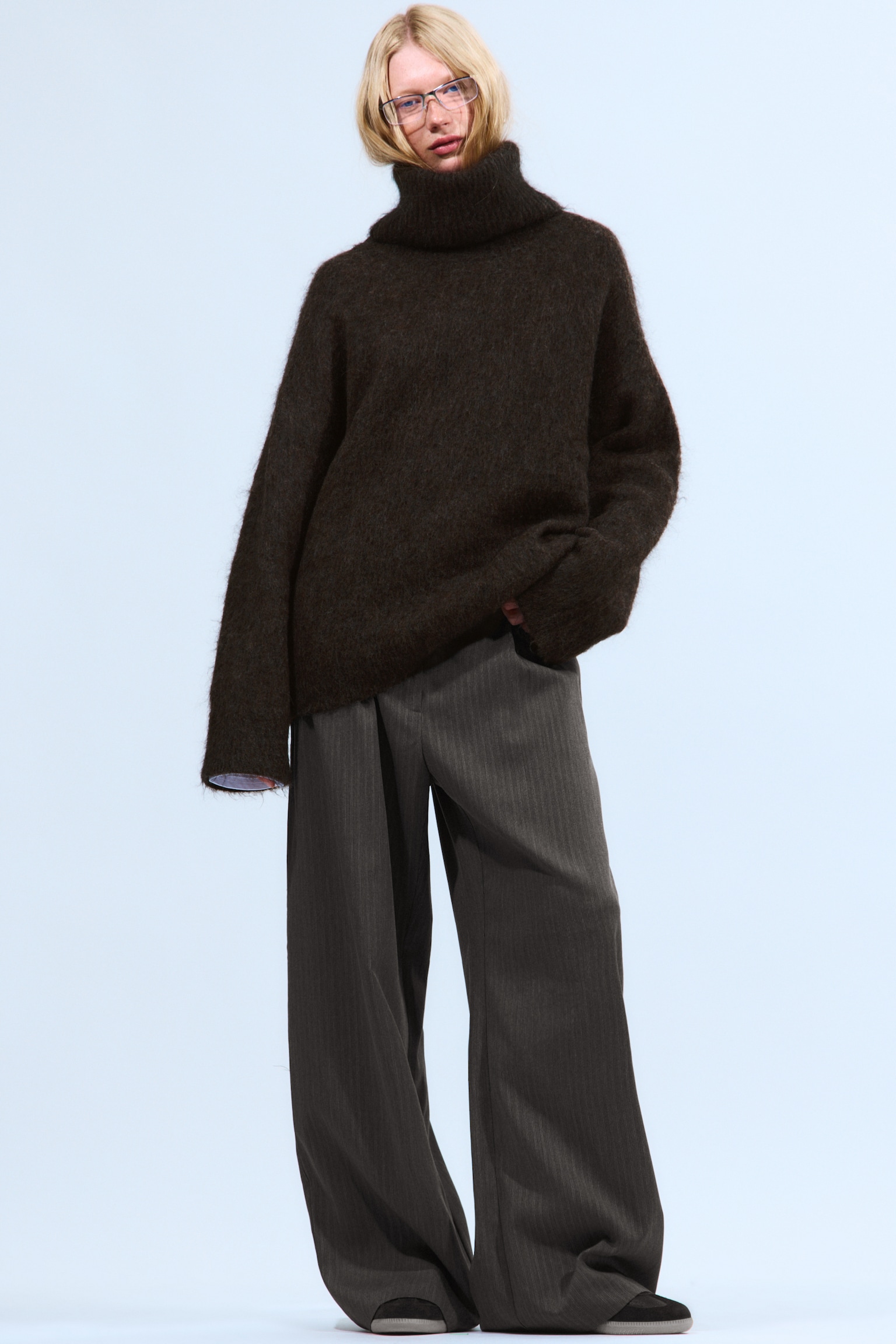 Mohair-Blend Funnel Neck Sweater - Dark Brown Melange/Dark Grey Melange - 3
