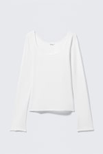 White - Long-Sleeved Slim Fit Scoop Neck Top - 3