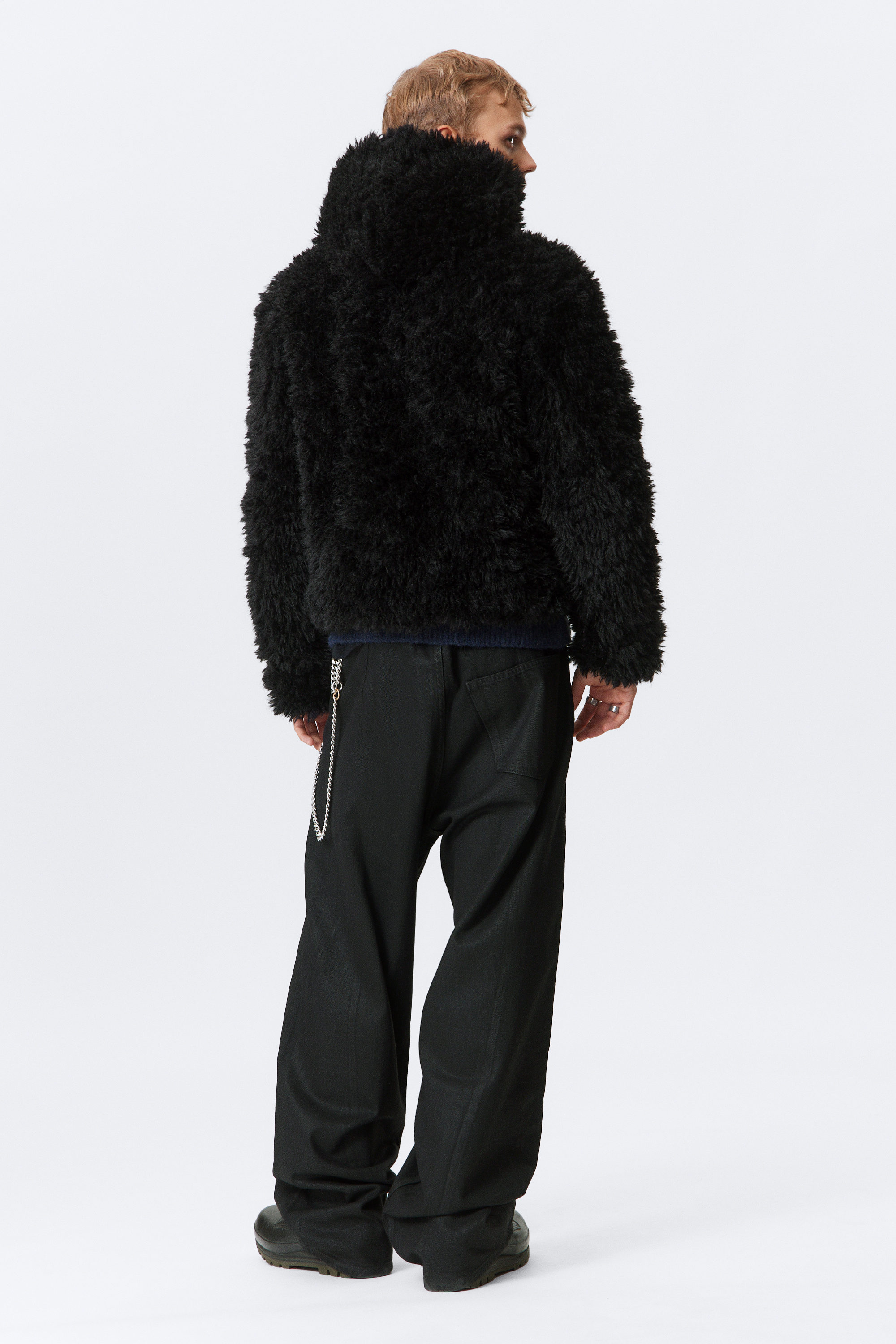 Black - Shrunken Faux Fur Hooded Jacket - 3