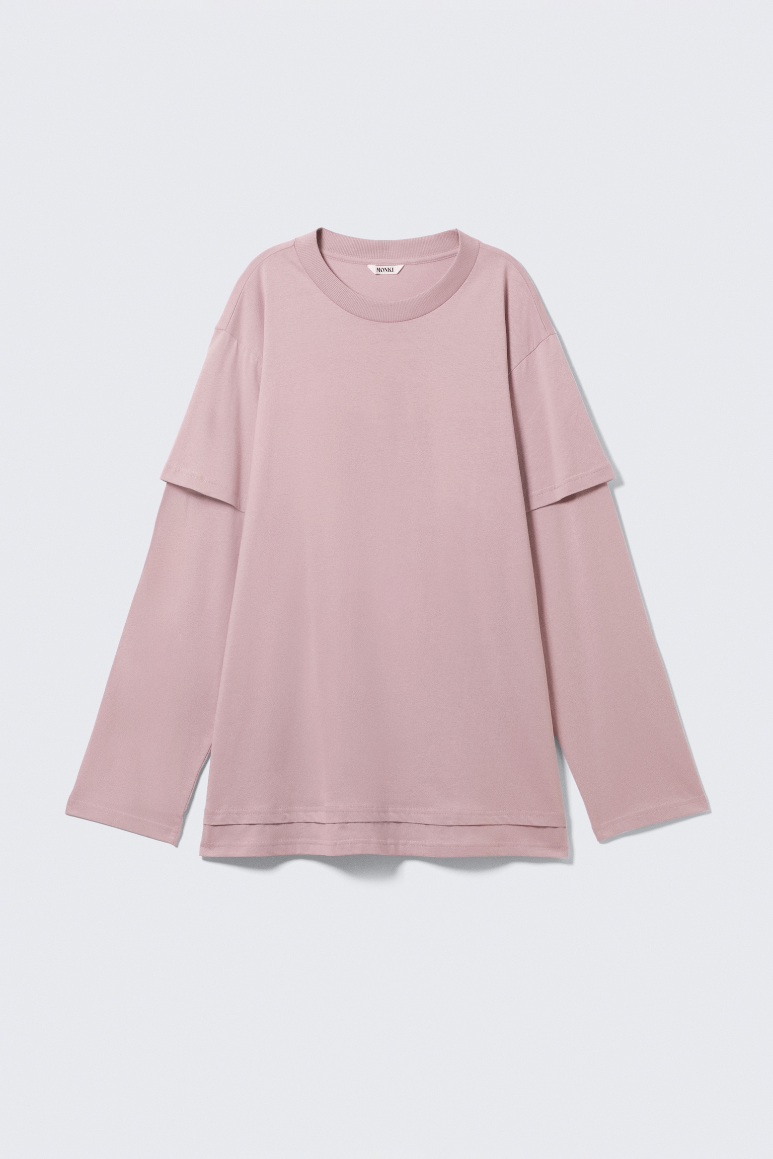 Layered Long-Sleeved Cotton T-shirt - Light Dusty Pink/Bright Red - 2