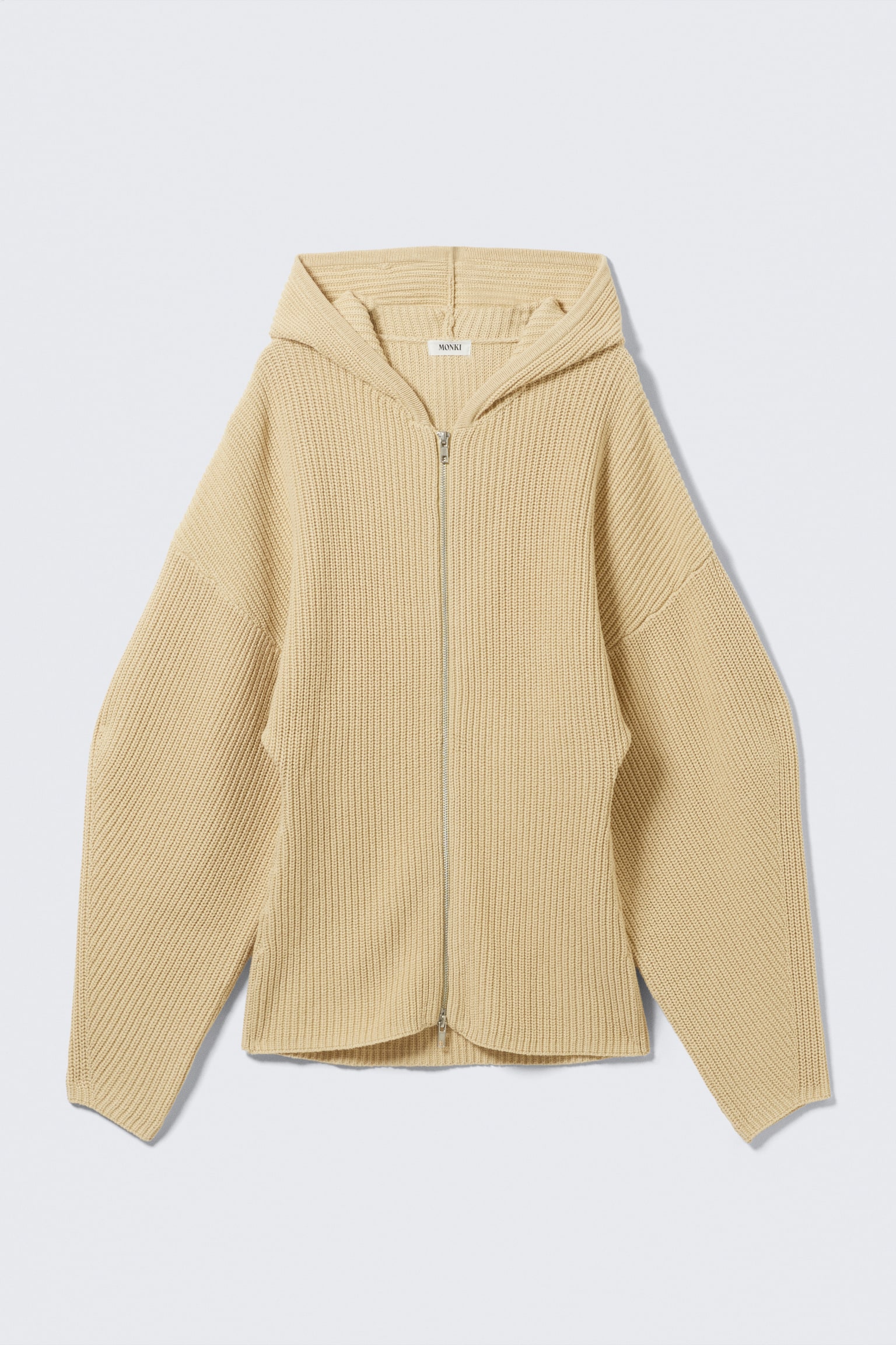 Long Knitted Zip Hoodie - Beige/Black - 2