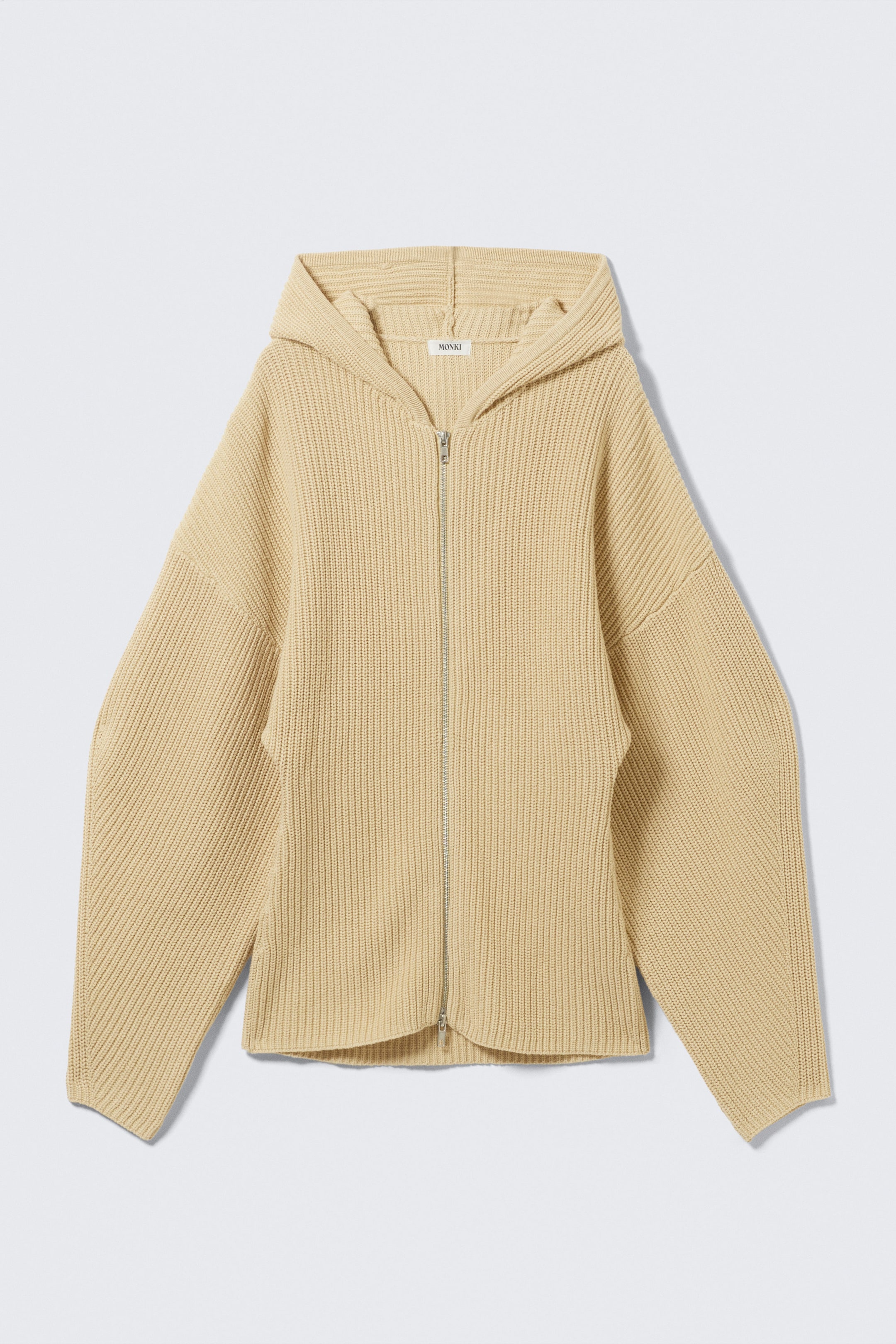 Beige - Langer Strickhoodie mit Reißverschluss - 4