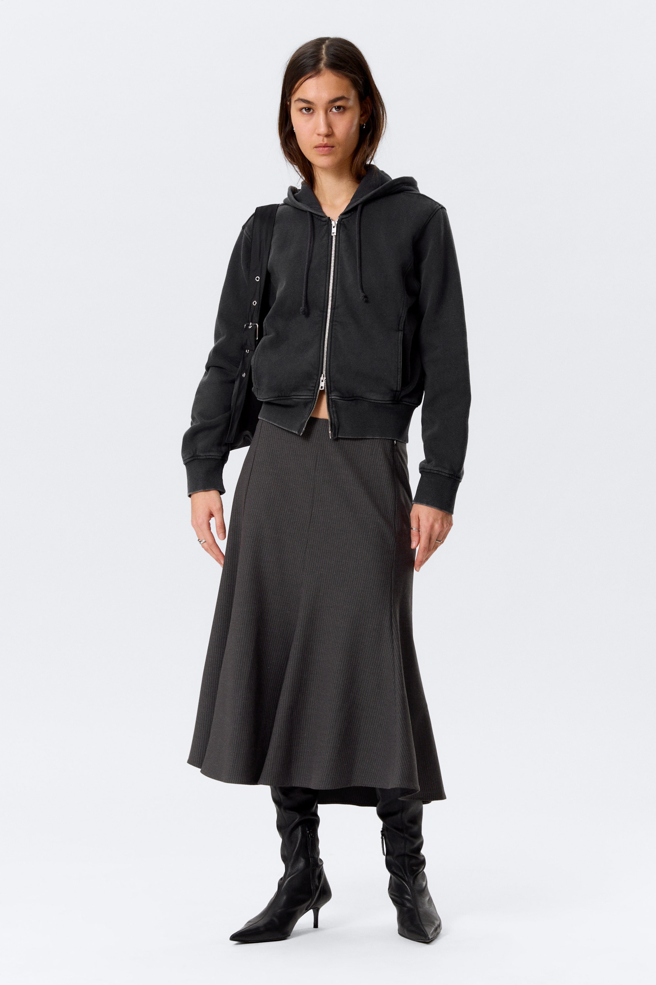 Washed Black - Cinched Cotton Zip Hoodie - 2