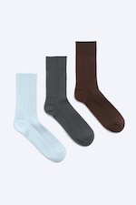 Blue + Grey + Brown - 3-pack Ribbed Crew Socks - 0