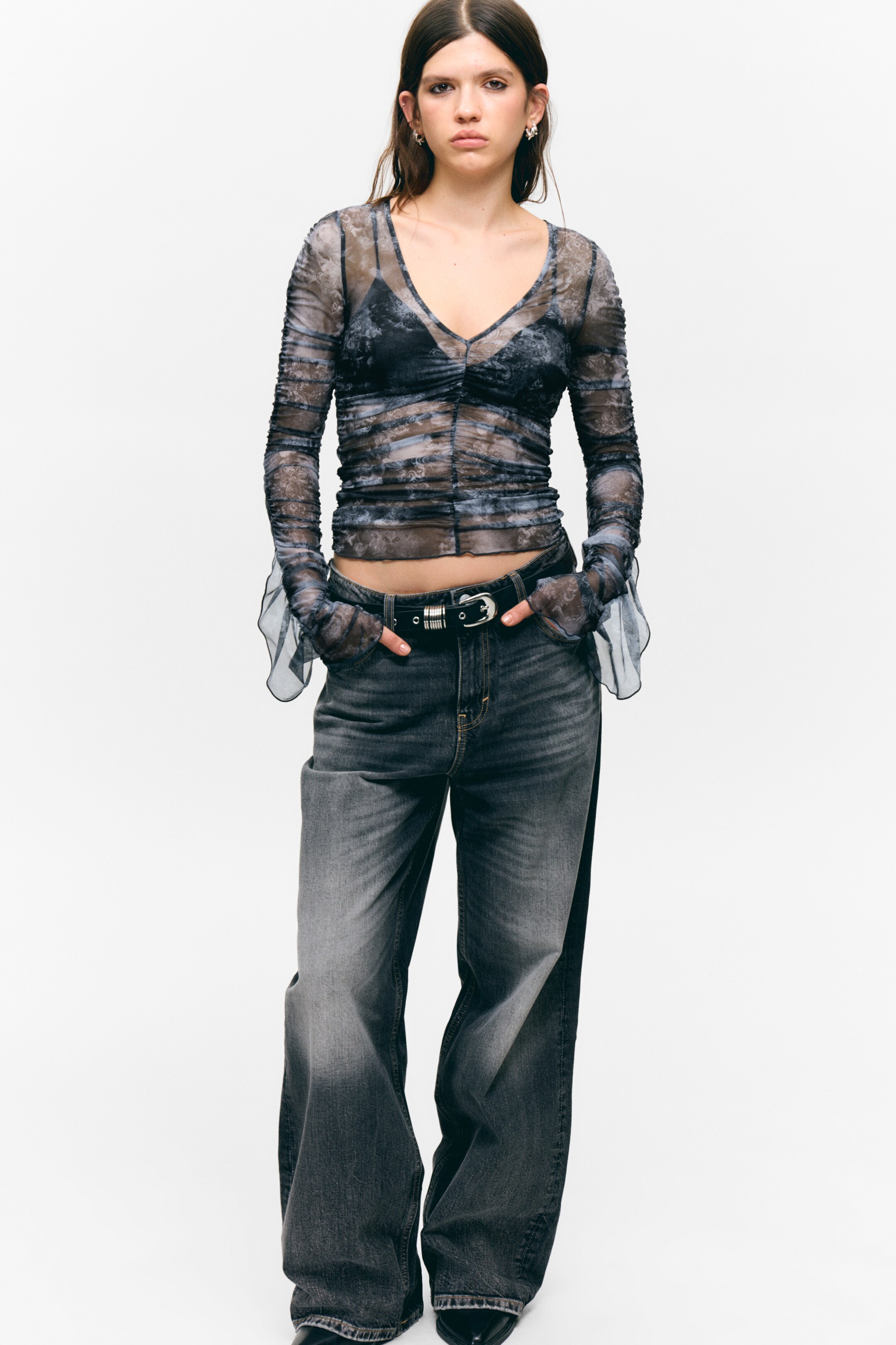 Ingrandisci l'immagine: Sheer Gathered Mesh Top - Black Baroque Print - DONNA | H&M CH 2