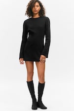 Black - Long-Sleeved Cotton Mini Dress - 0