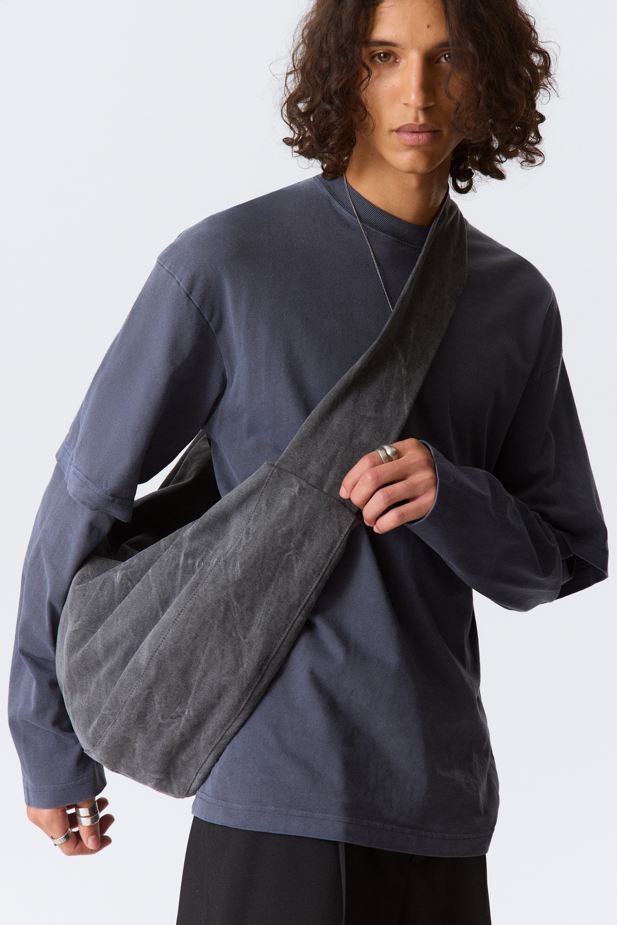 Washed Cotton Crossbody Bag - Washed Dark Grey/Dark Brown