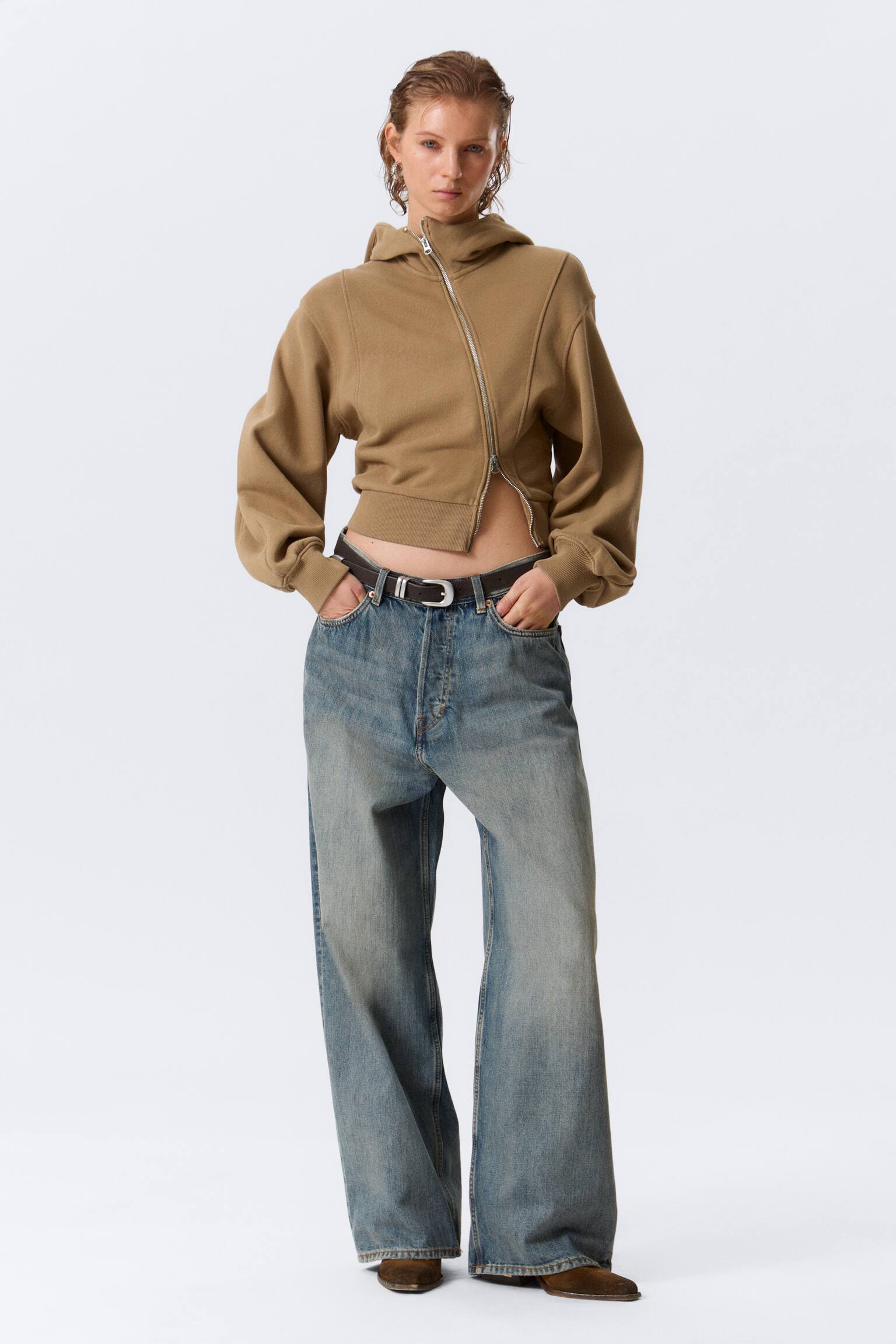 Felpa con cappuccio e zip - Beige scuro lavato/Nero - 1