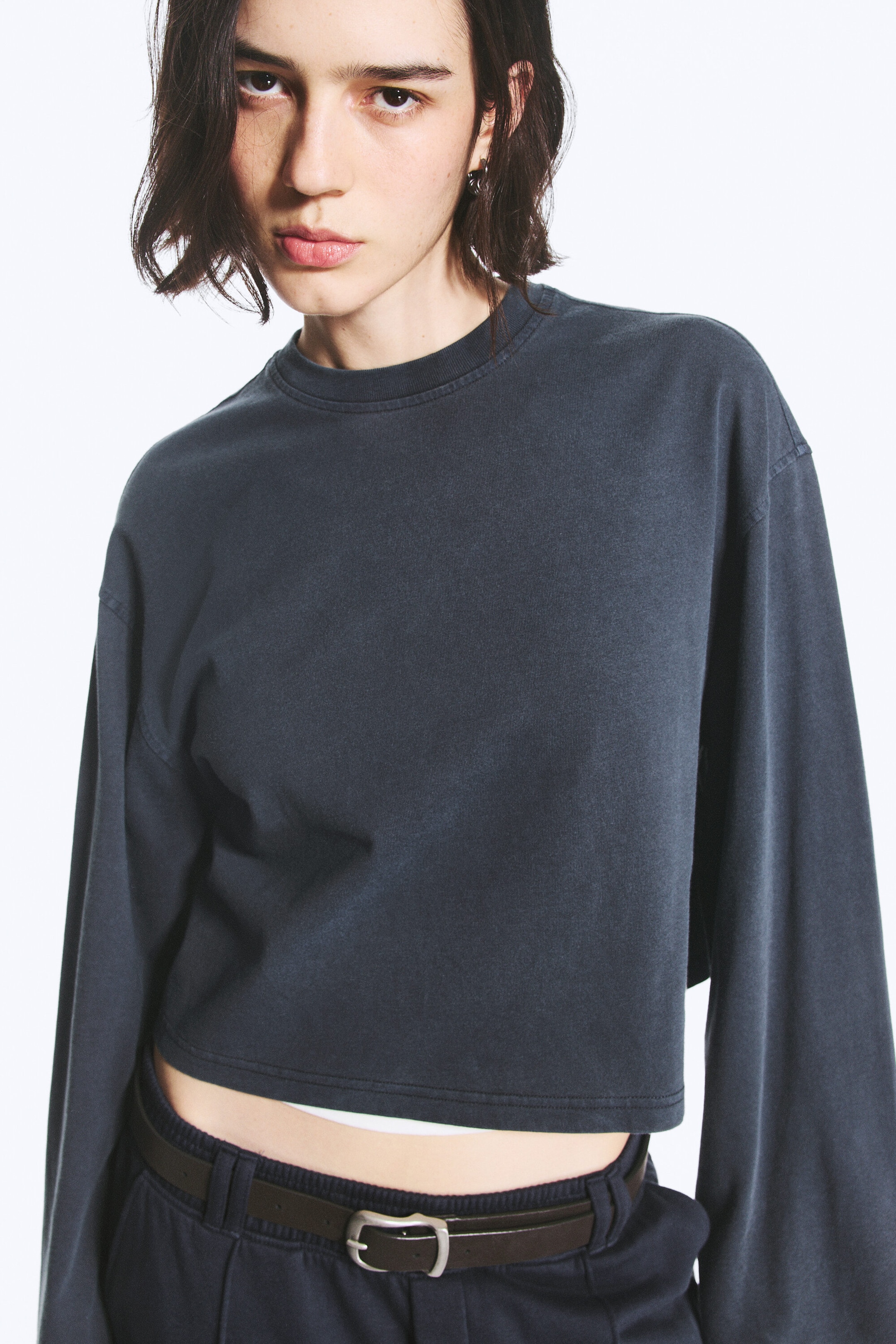 Washed Blue - Cropped Oversized Long-Sleeved T-shirt - 3