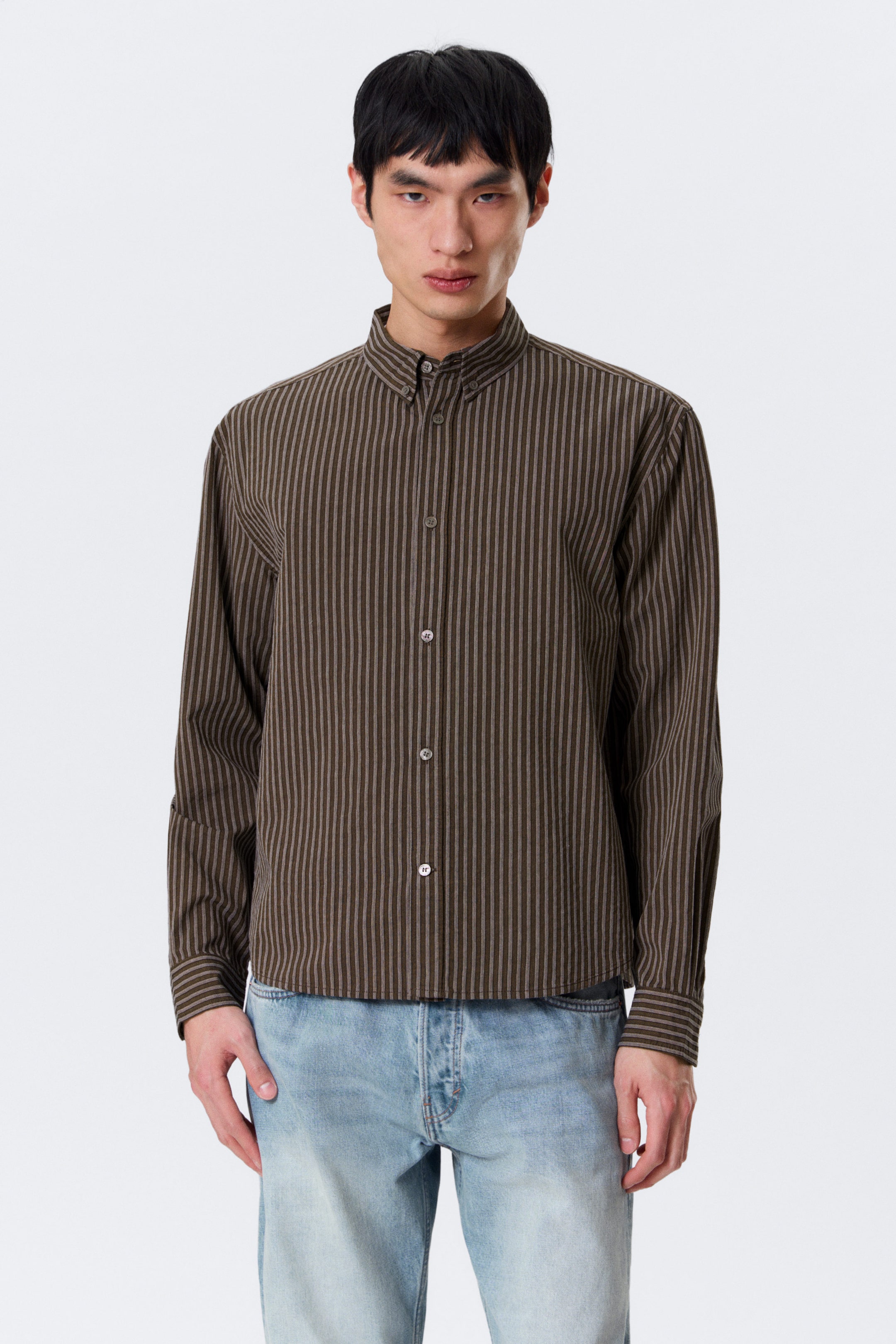 Striped Brown - Relaxed Striped Button-down Shirt - 2