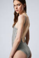 Grey - Rhinestones - Rhinestone Scoop-Neck Swimsuit - 1