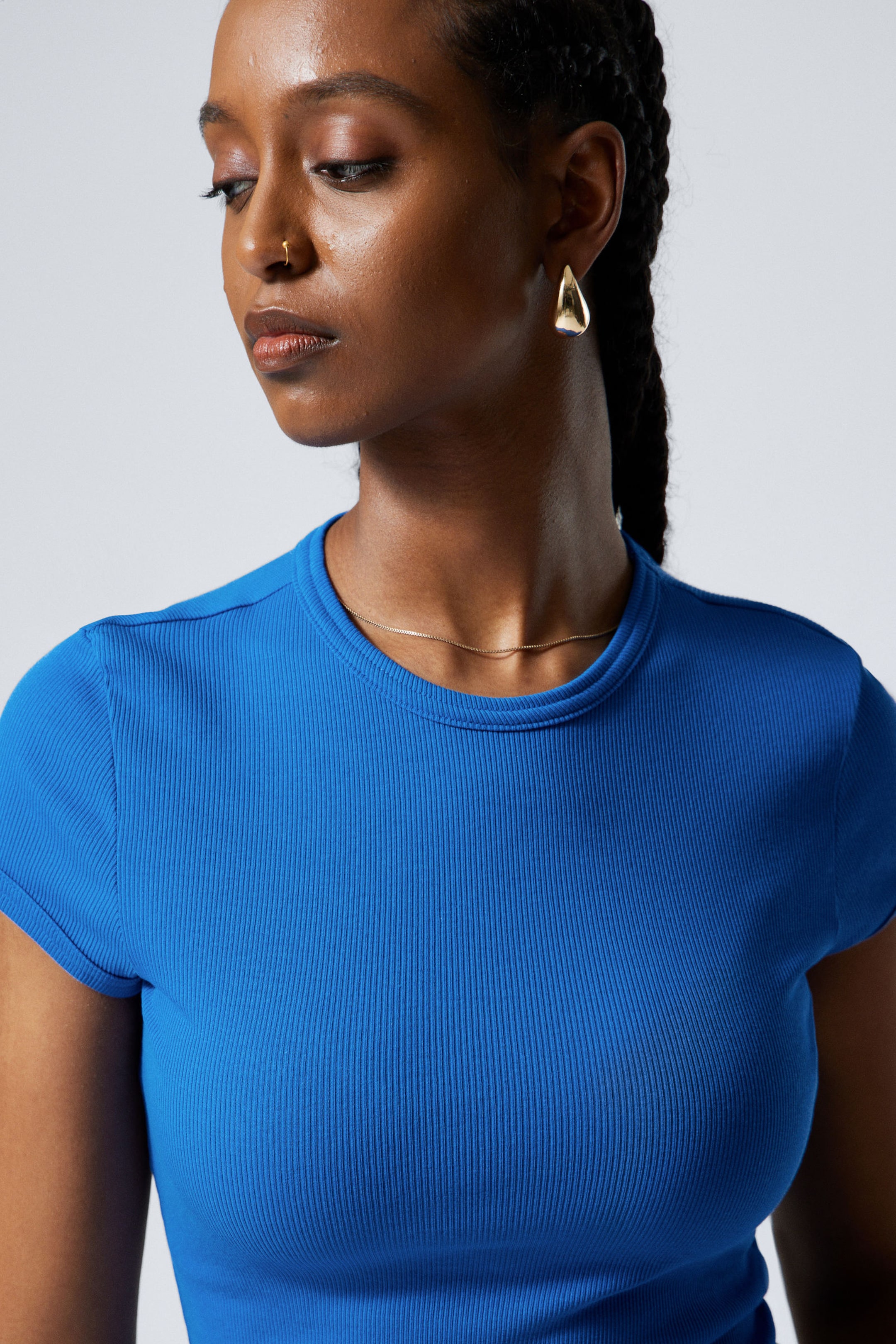 Bright Blue - Slim Fit Ribbed Cotton T-shirt - 1