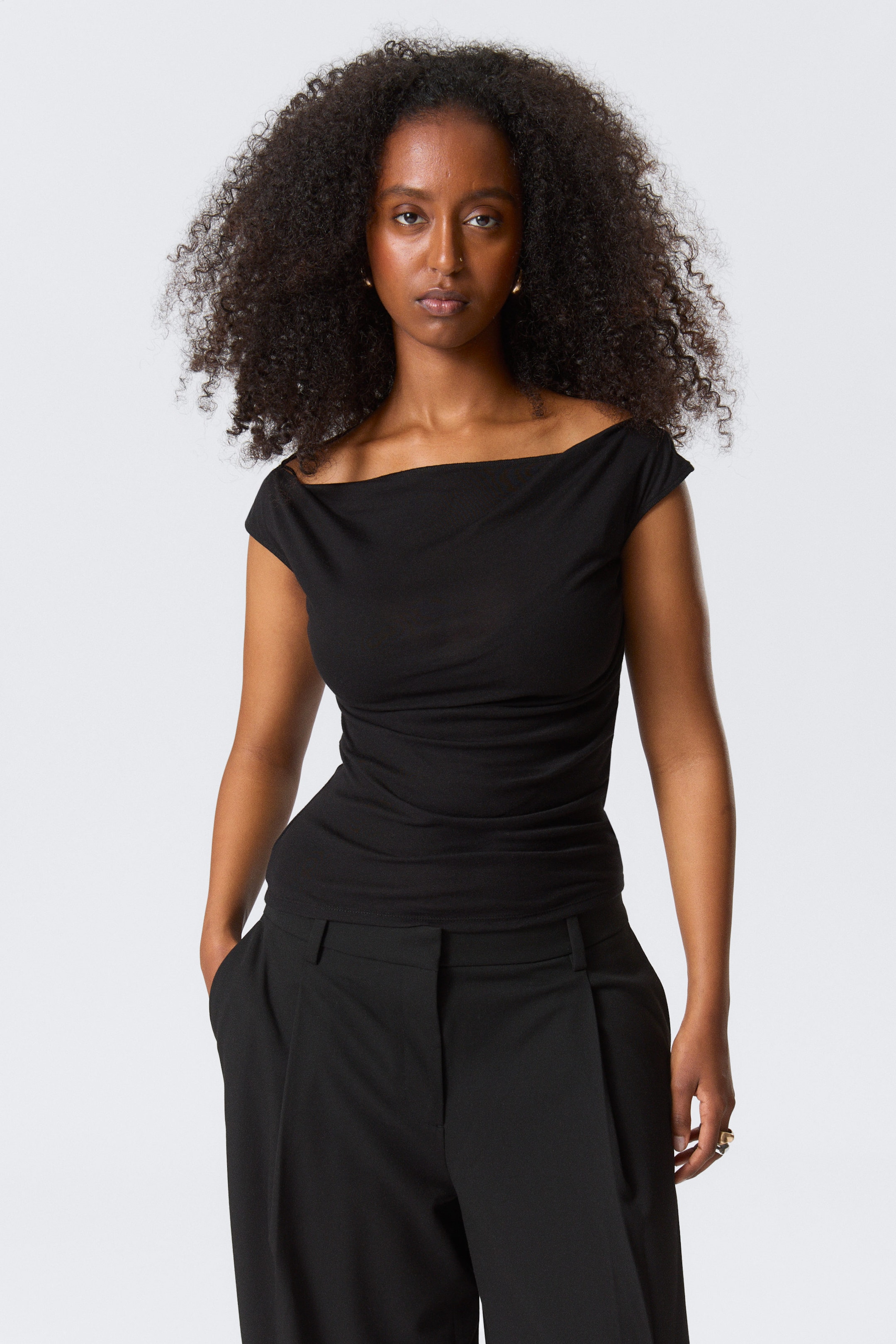 Black - Wide-Shoulder Cotton Top - 1