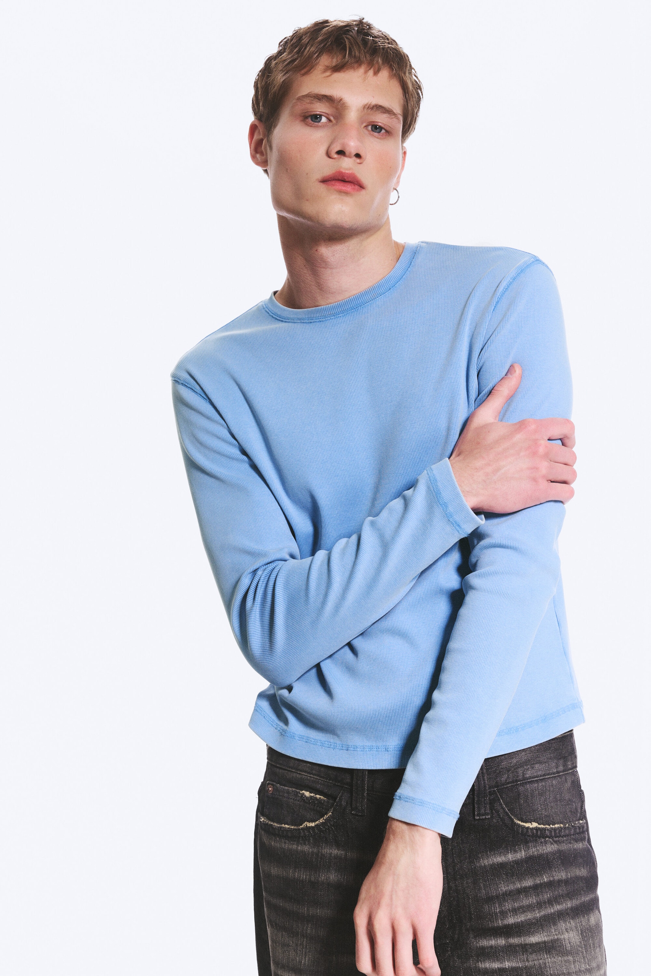 Gewaschenes Blau - Geripptes Longsleeve-Shirt - 2