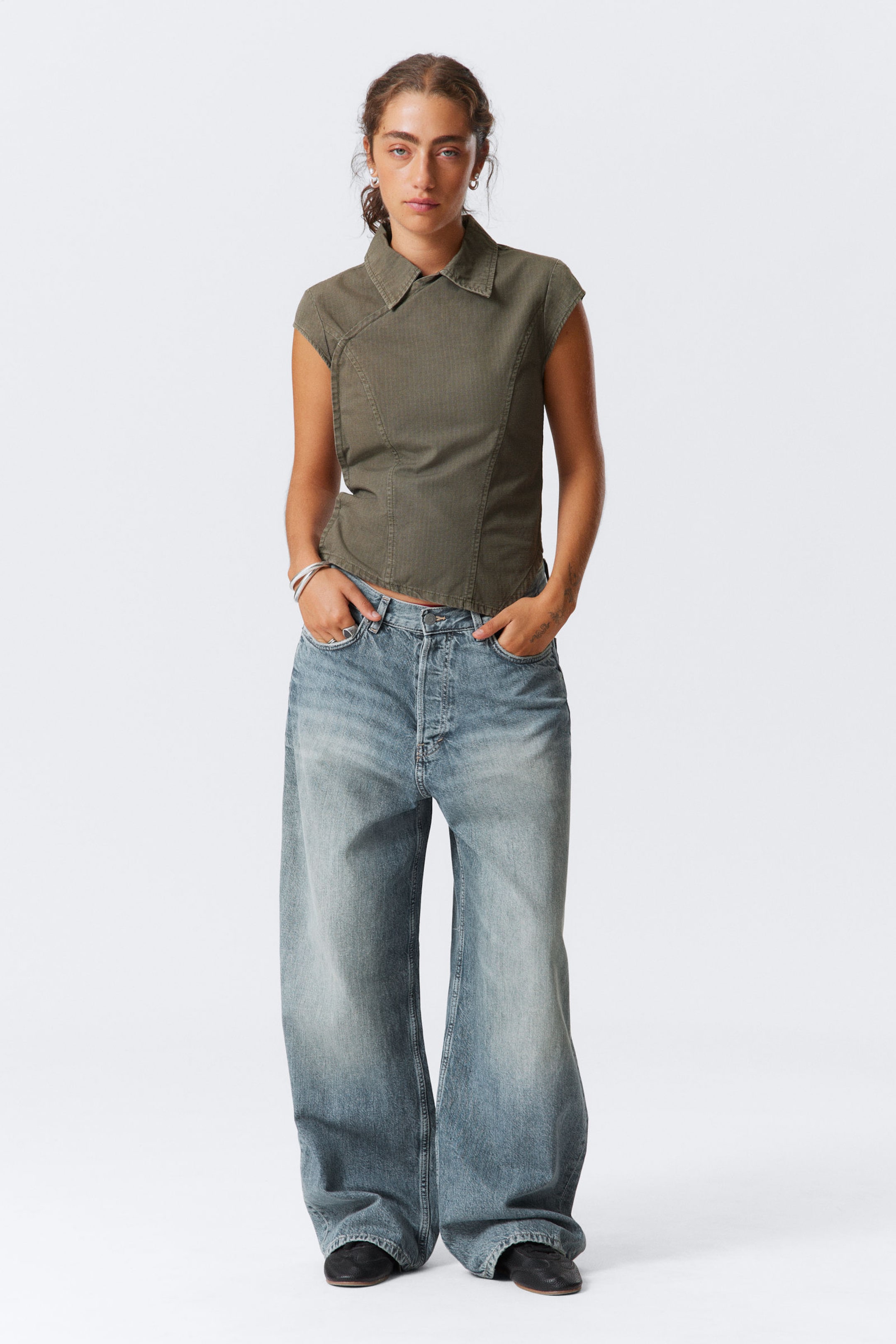 Khaki Green - Cap-Sleeved Asymmetric Ripstop Top - 2