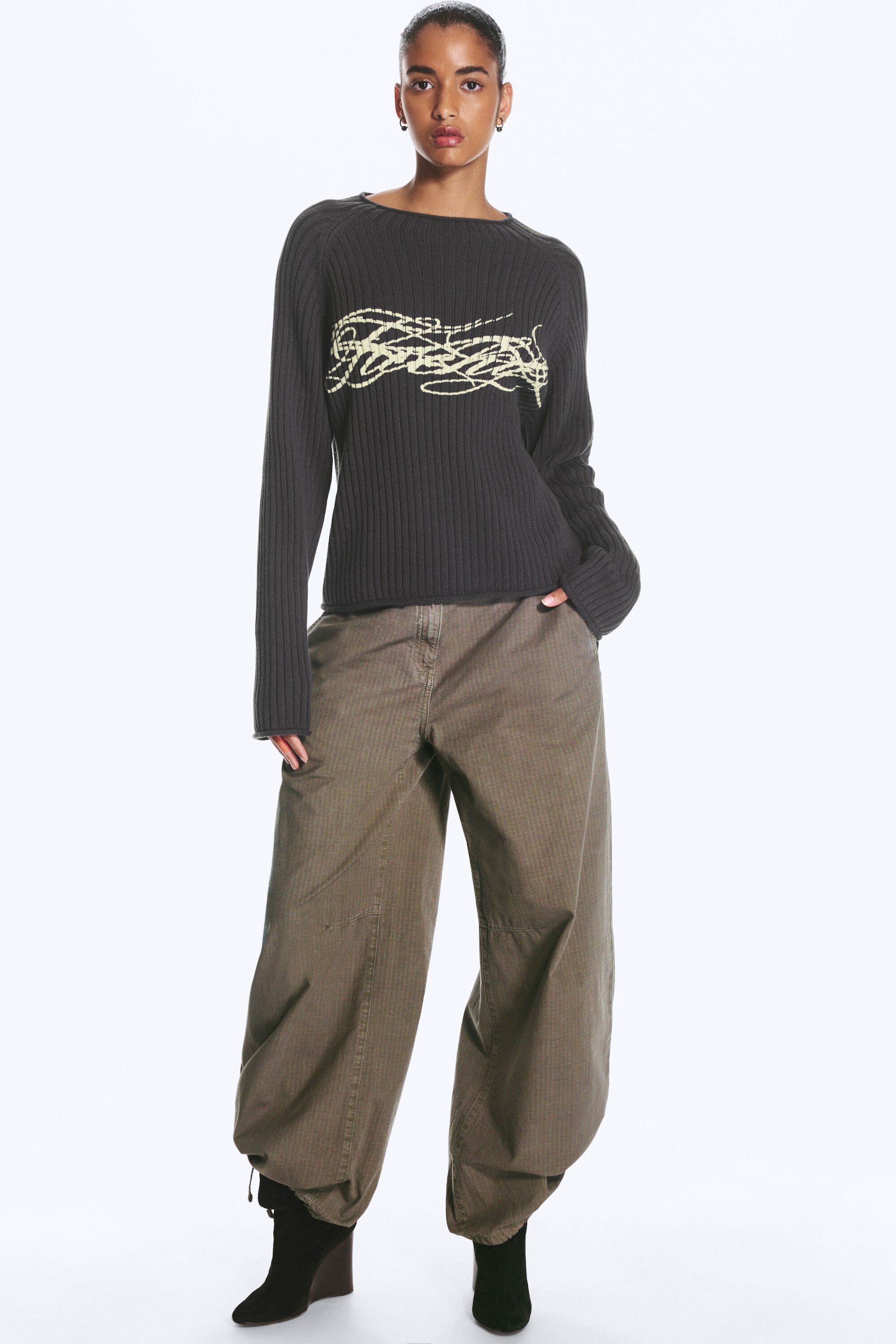 Dark Grey - Printed Cotton Rib Sweater - 1