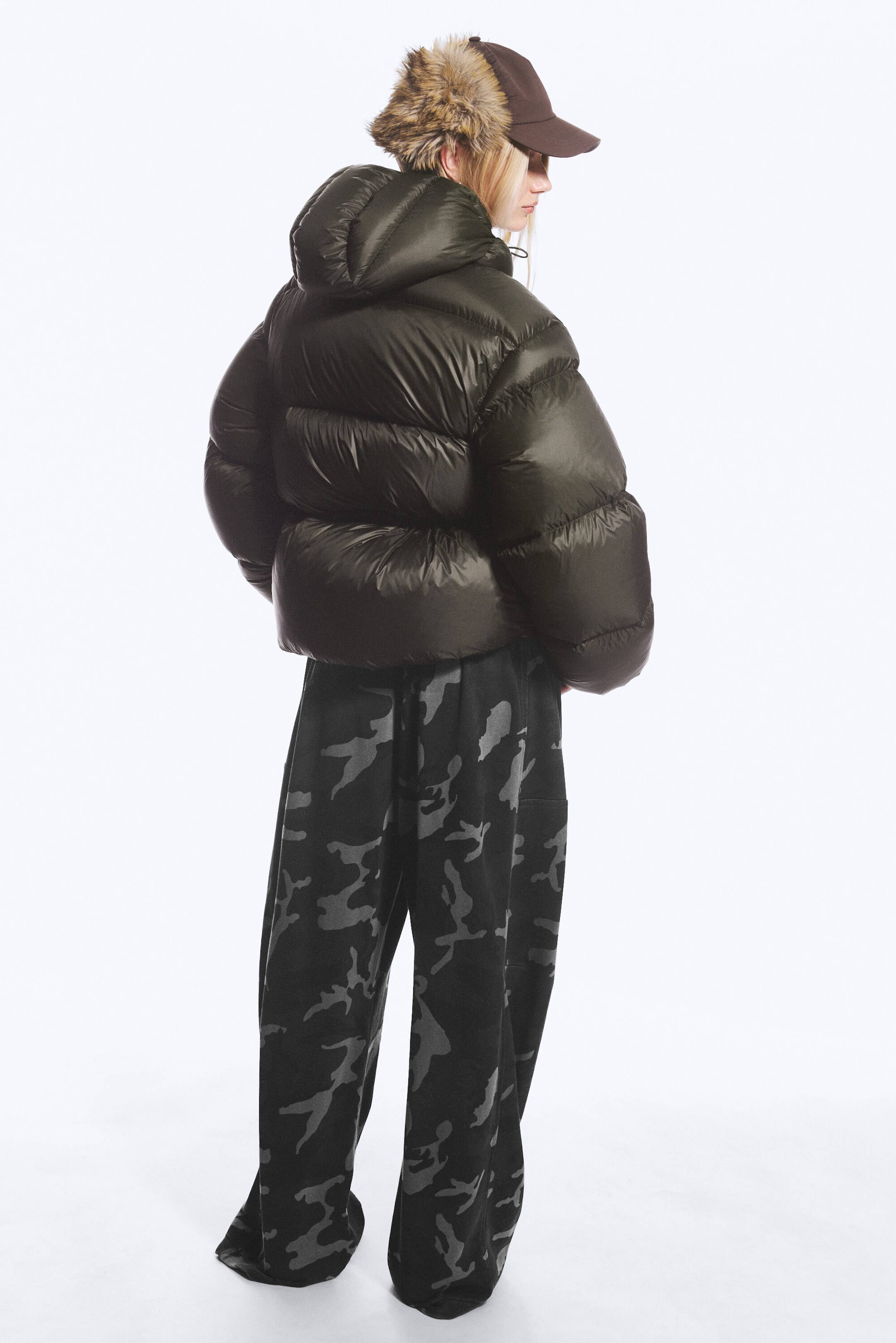 Dark Brown - Oversized Hooded Recycled Down Puffer Jacket - 4