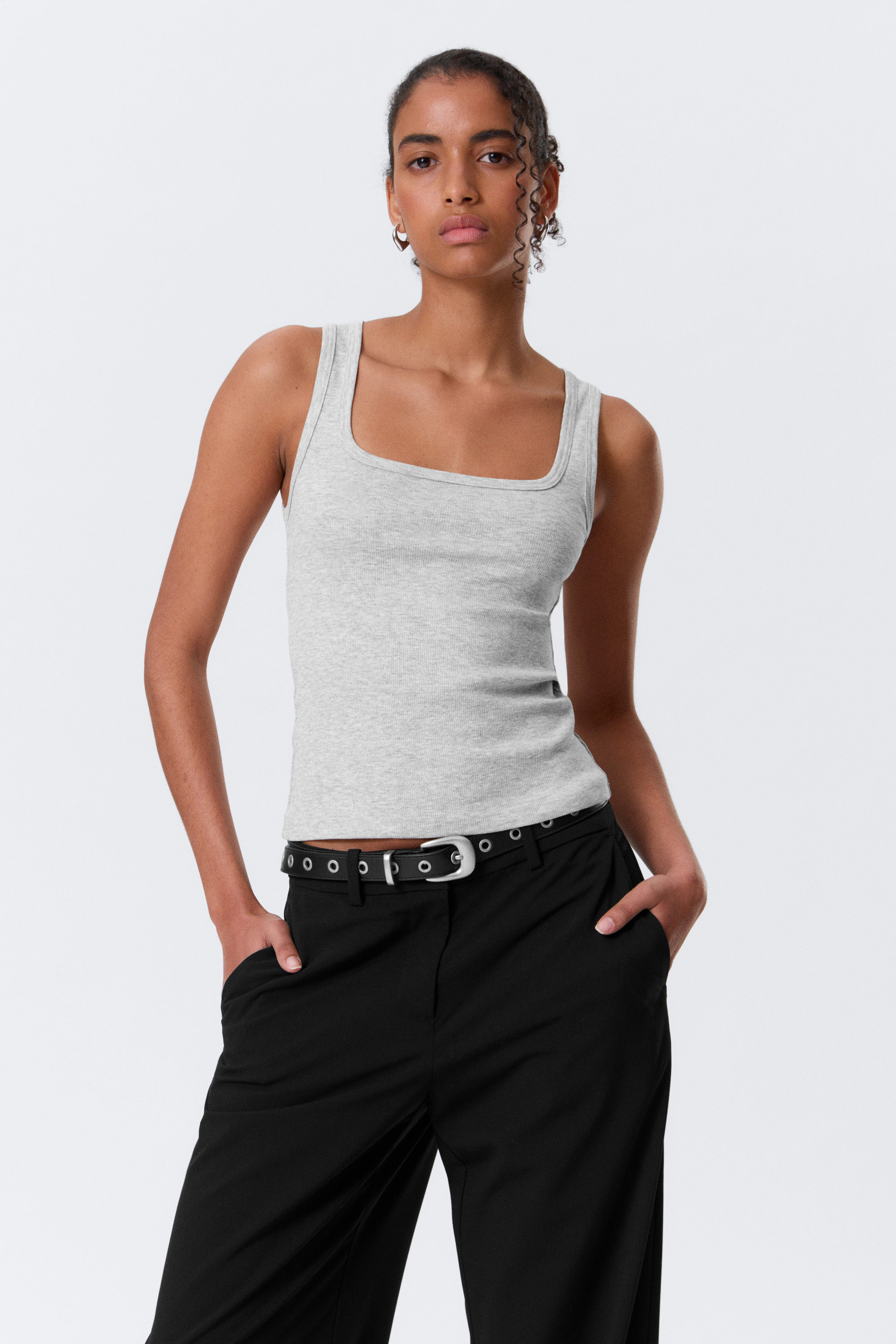 slim square neck ribbed tank top - Grey Melange | Weekday EU