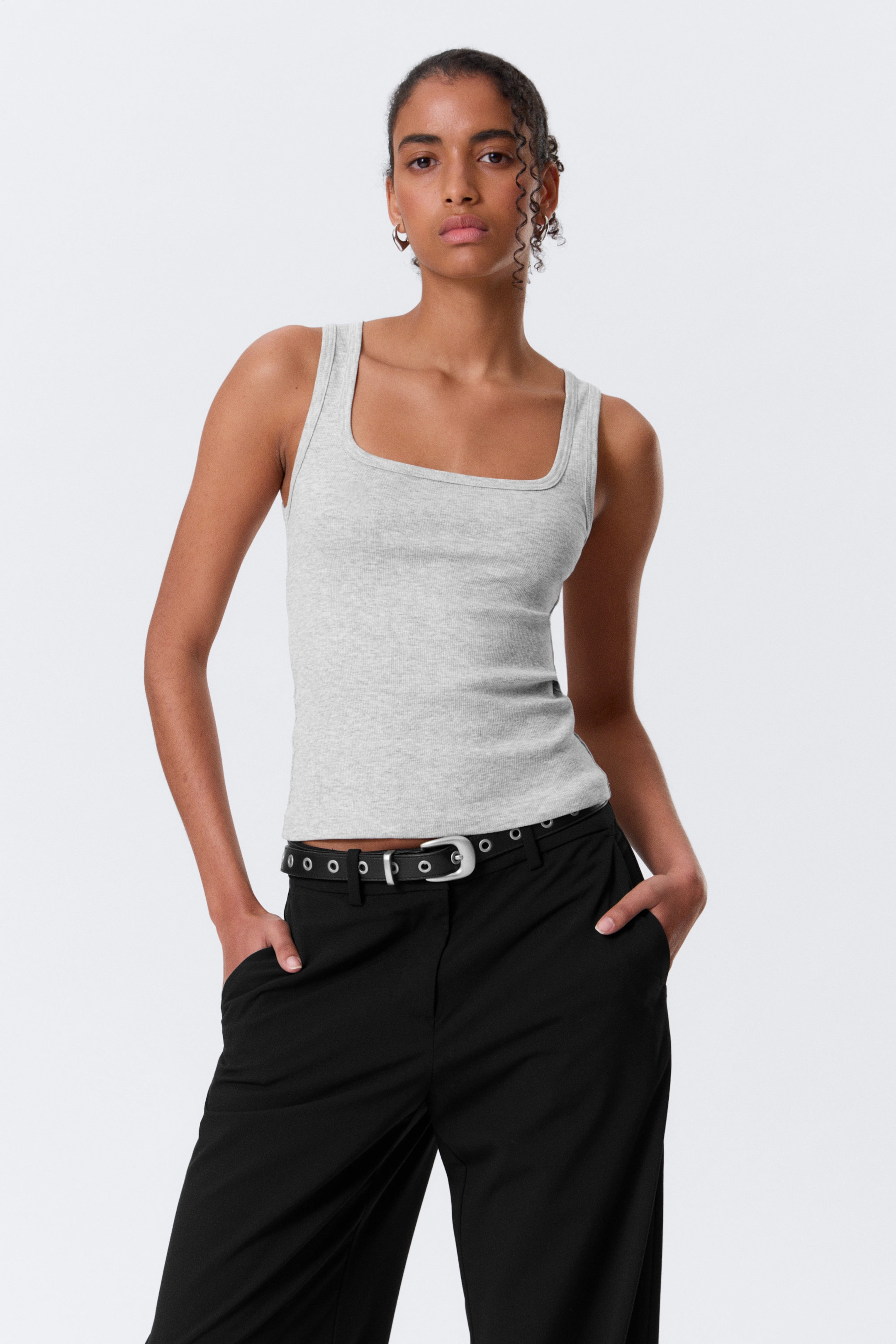 Grey Melange - Slim Square Neck Ribbed Tank Top - 1
