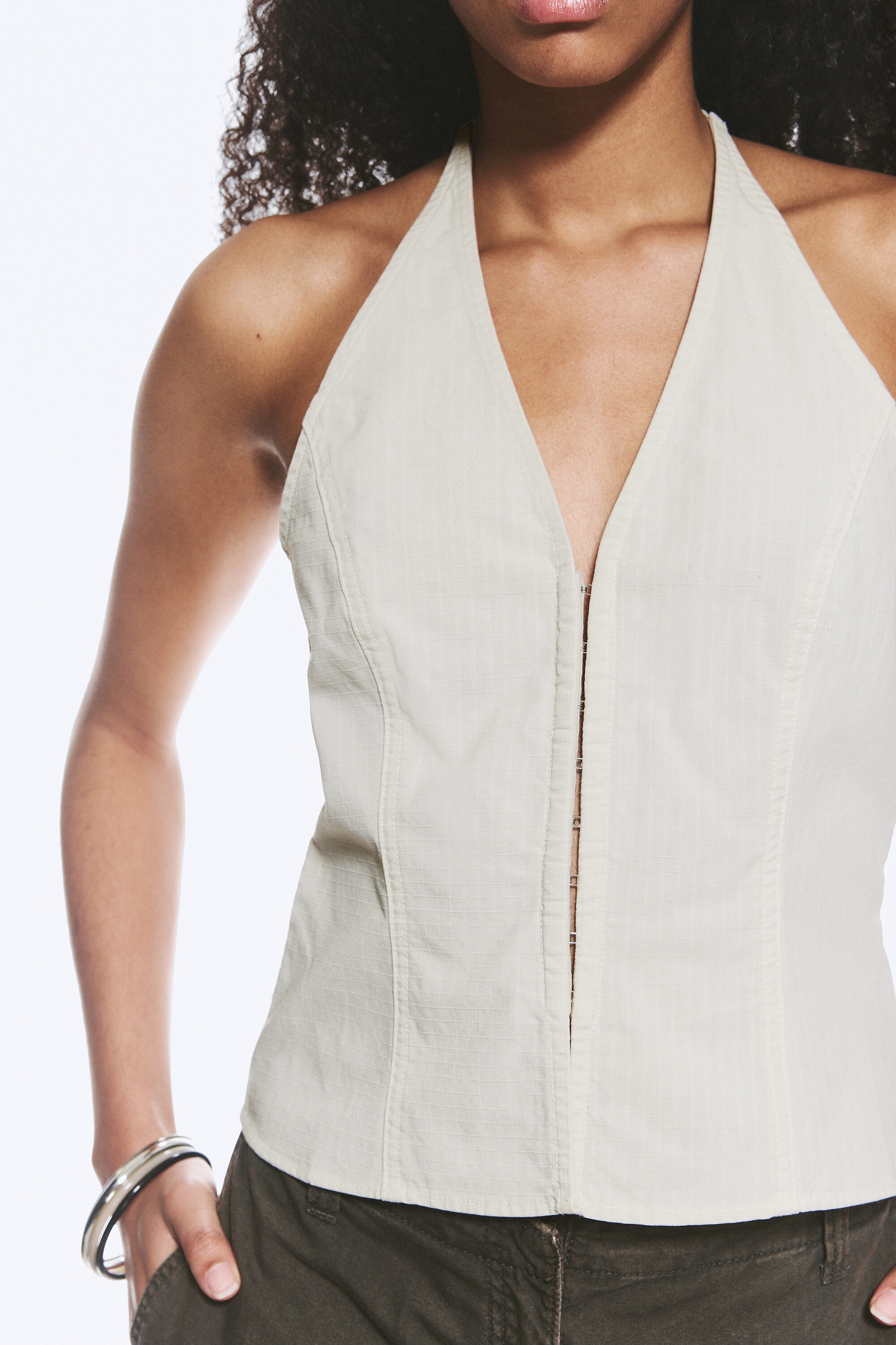 Light Beige - Ripstop Halter V-neck Top - 2