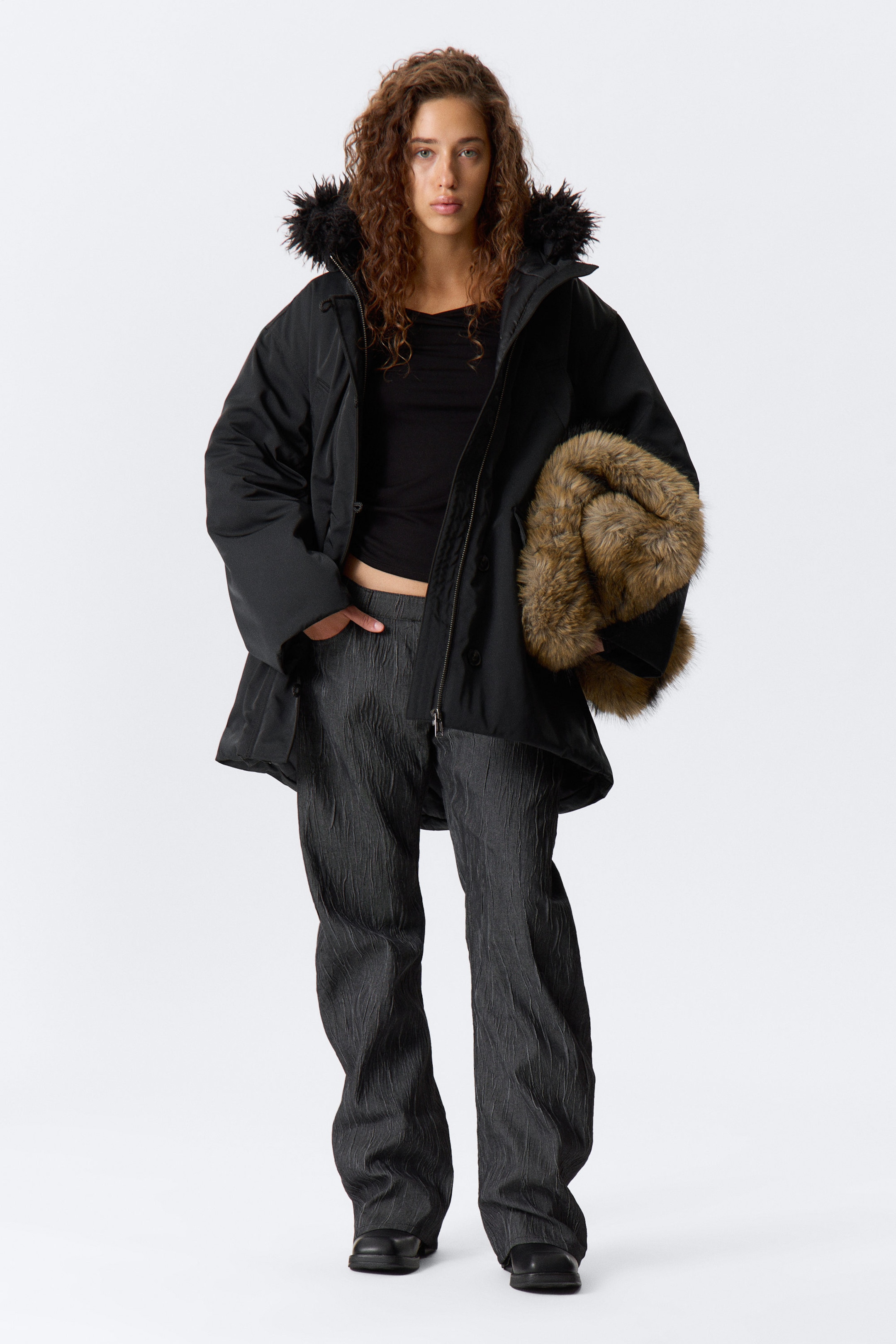 Black - Padded Bomber Parka with Faux Fur Trim - 1