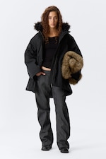 Black - Padded Bomber Parka with Faux Fur Trim - 0