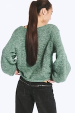 Green Melange - Oversized Knitted V-Neck Sweater - 2