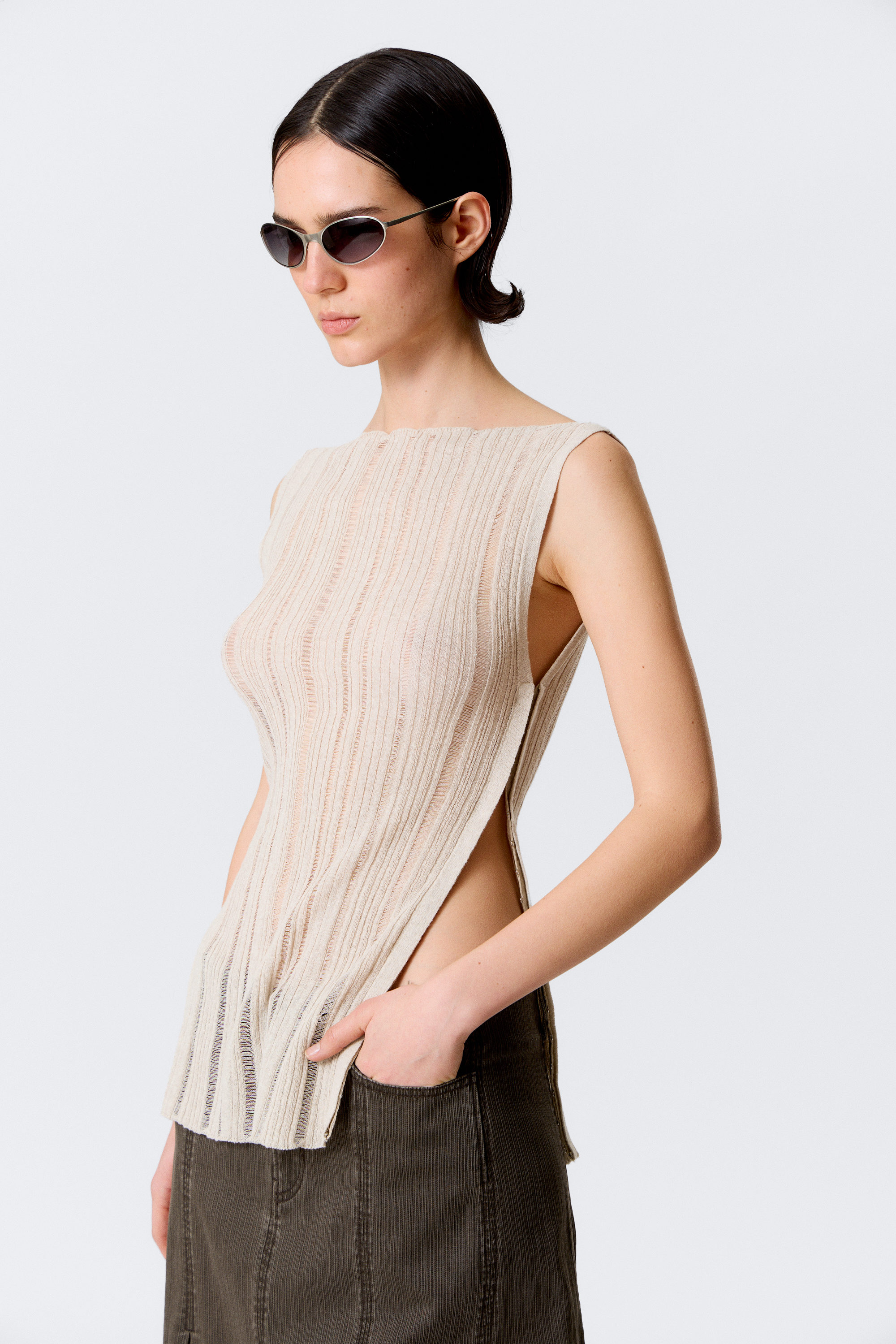 knitted boat-neck tank top - Light Beige | Weekday GB